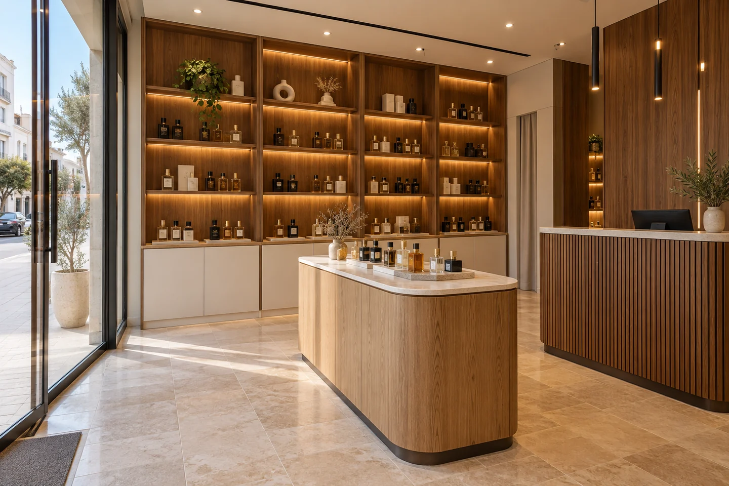 Inspiration de parfumerie : présentoirs éclairés, îlot et comptoir sur mesure