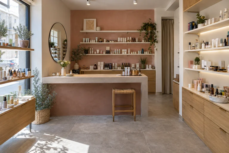 Boutique de beauté avec comptoir de conseil, étagères éclairées et rangements en bois