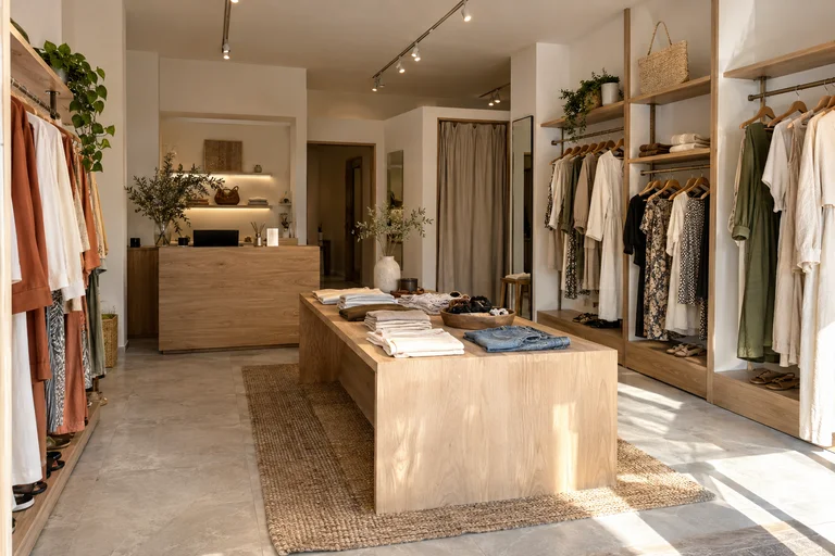 Portants muraux, vêtements suspendus et table basse dans une boutique de mode