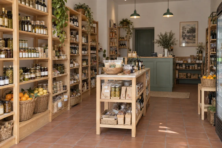 Épicerie fine avec rayonnages en bois, présentoir central et comptoir vert sauge