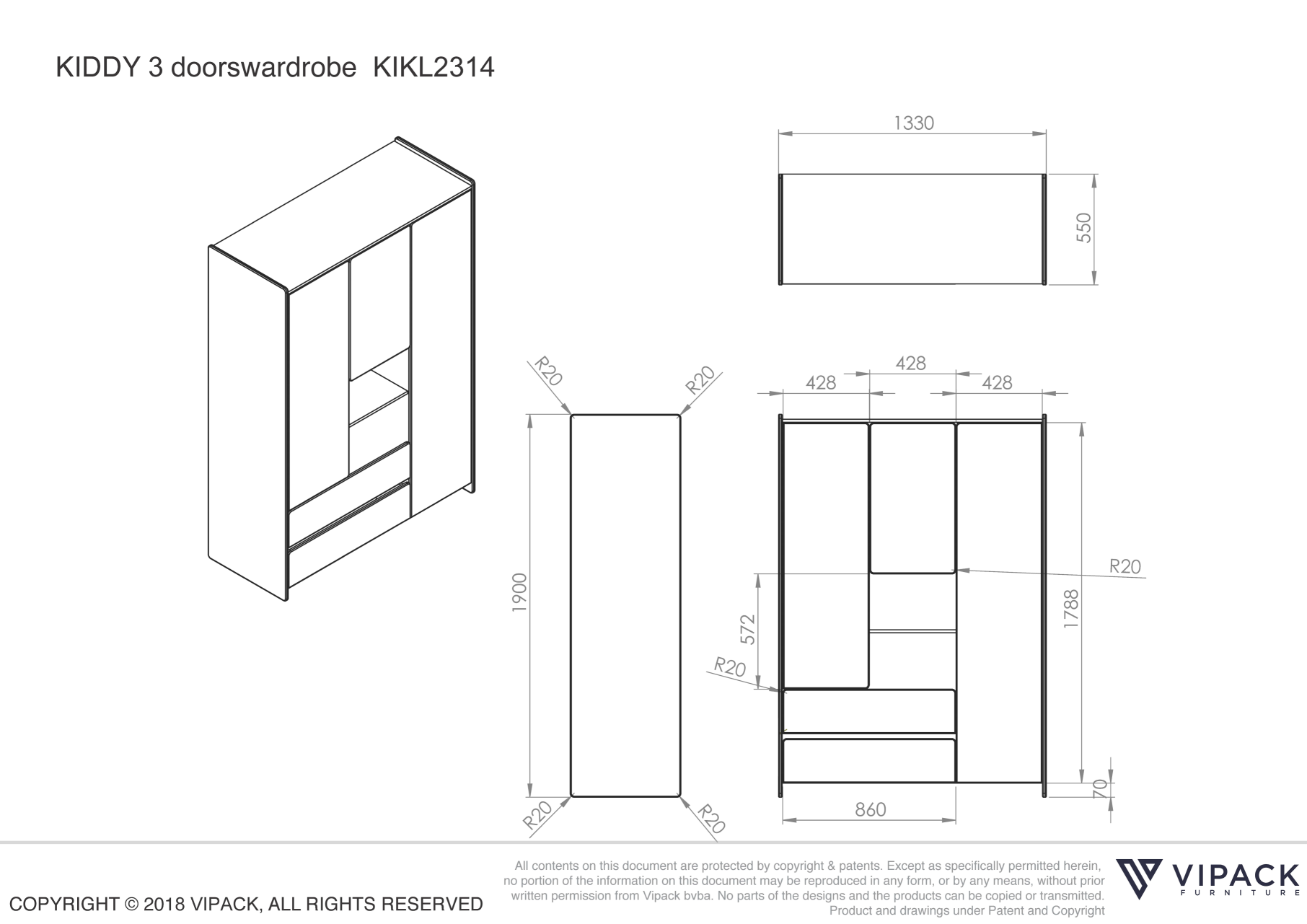 Armoire 3 portes Kiddy - blanc - Image 3