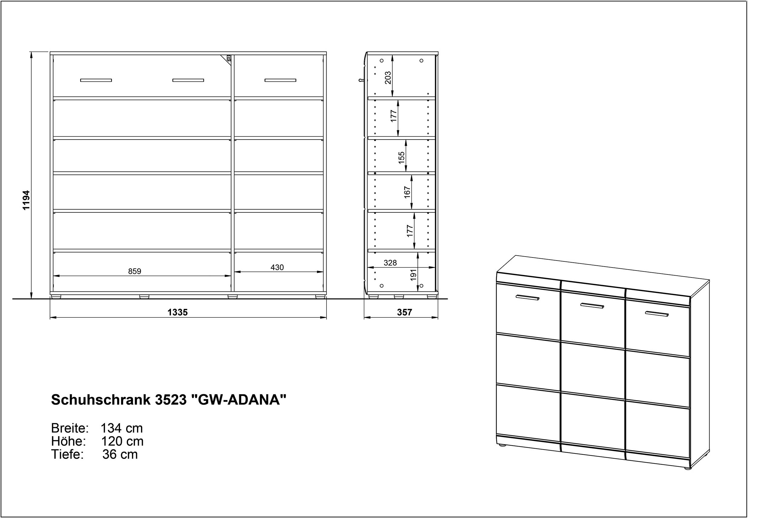 Armoire à chaussures Allan 134cm avec 3 portes - blanc brillant - Image 2