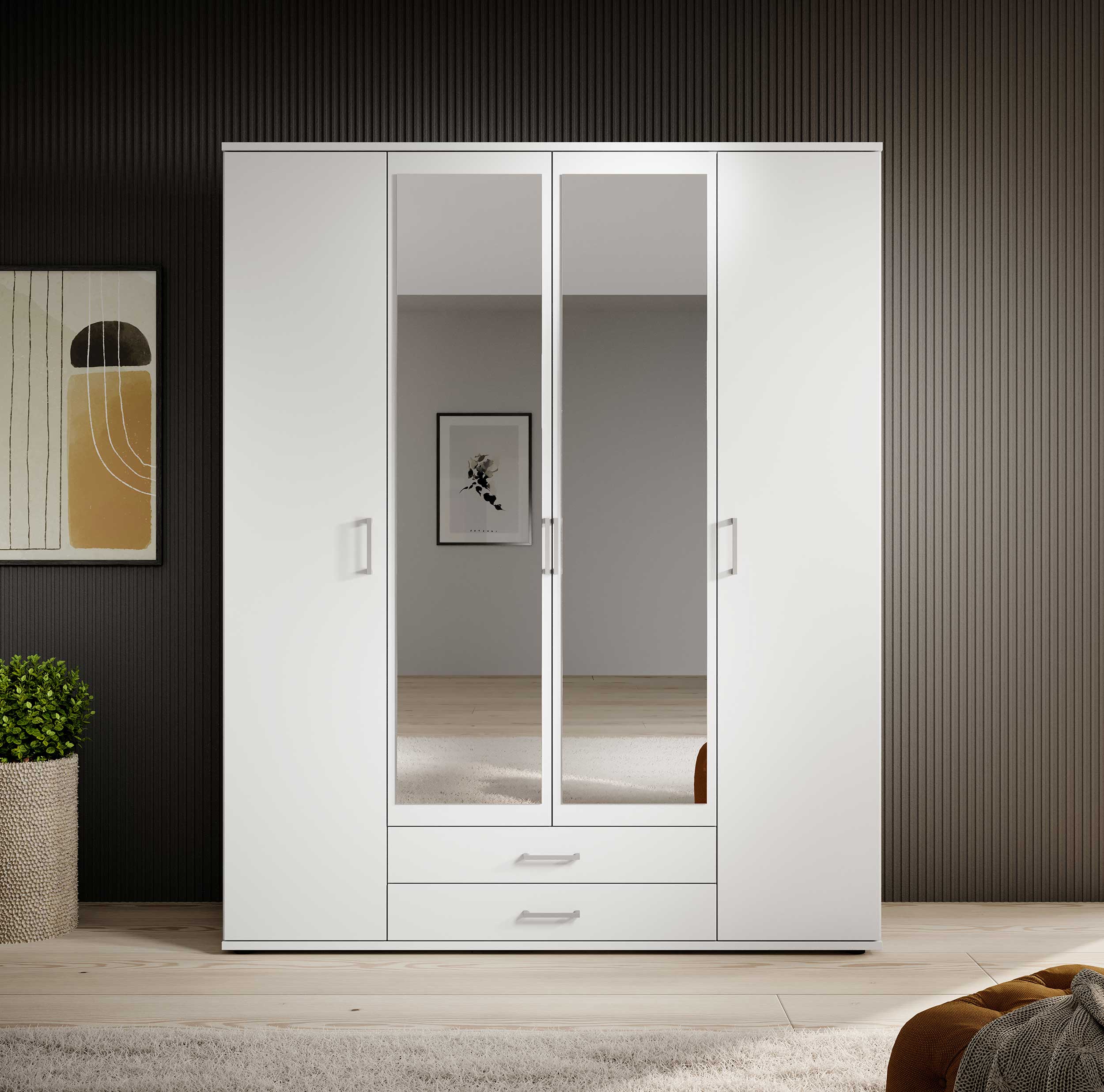 Armoire à vêtements Daniela 160cm à 4 portes & 2 tiroirs - blanc - Image 12