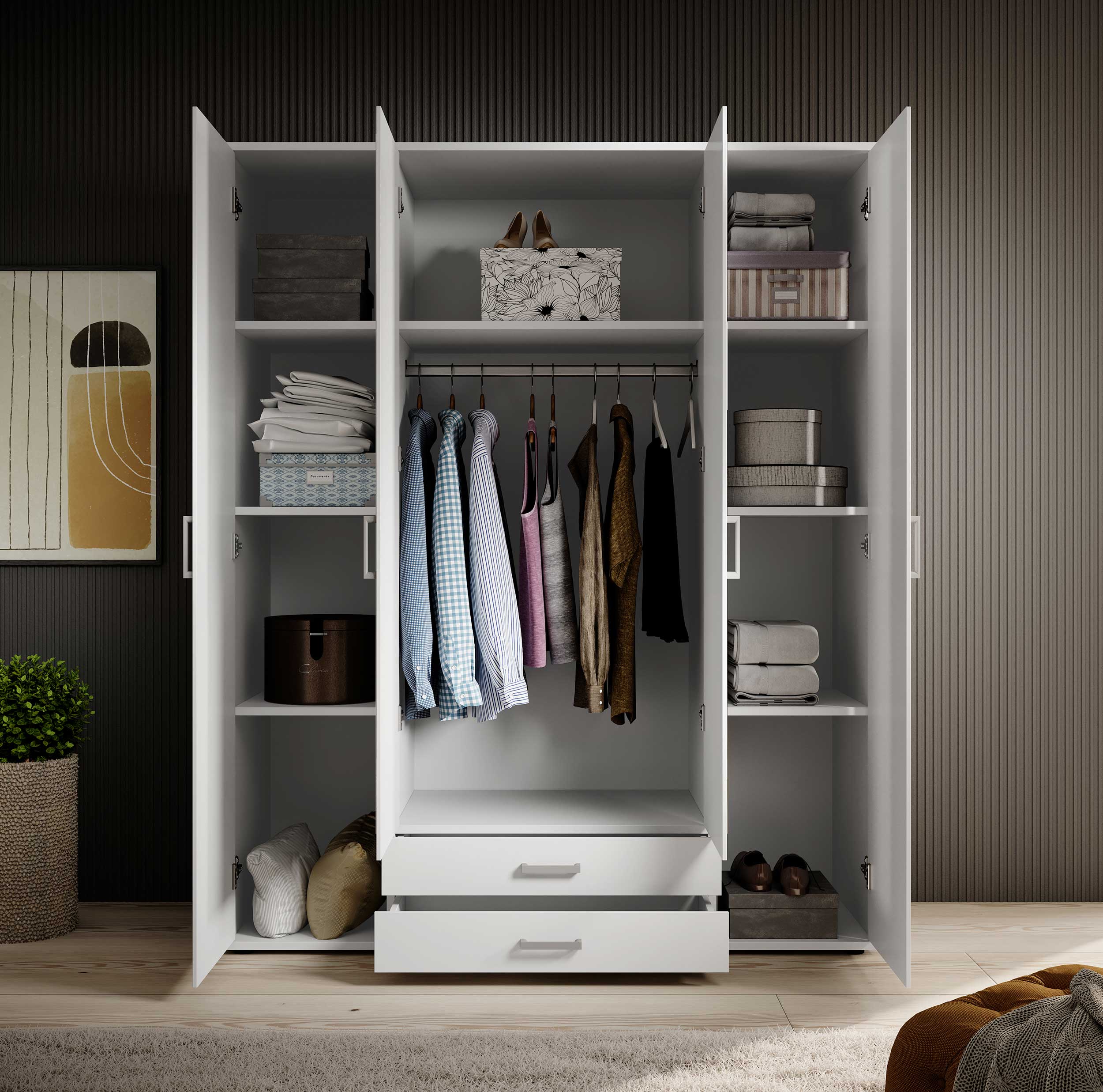 Armoire à vêtements Daniela 160cm à 4 portes & 2 tiroirs - blanc - Image 8