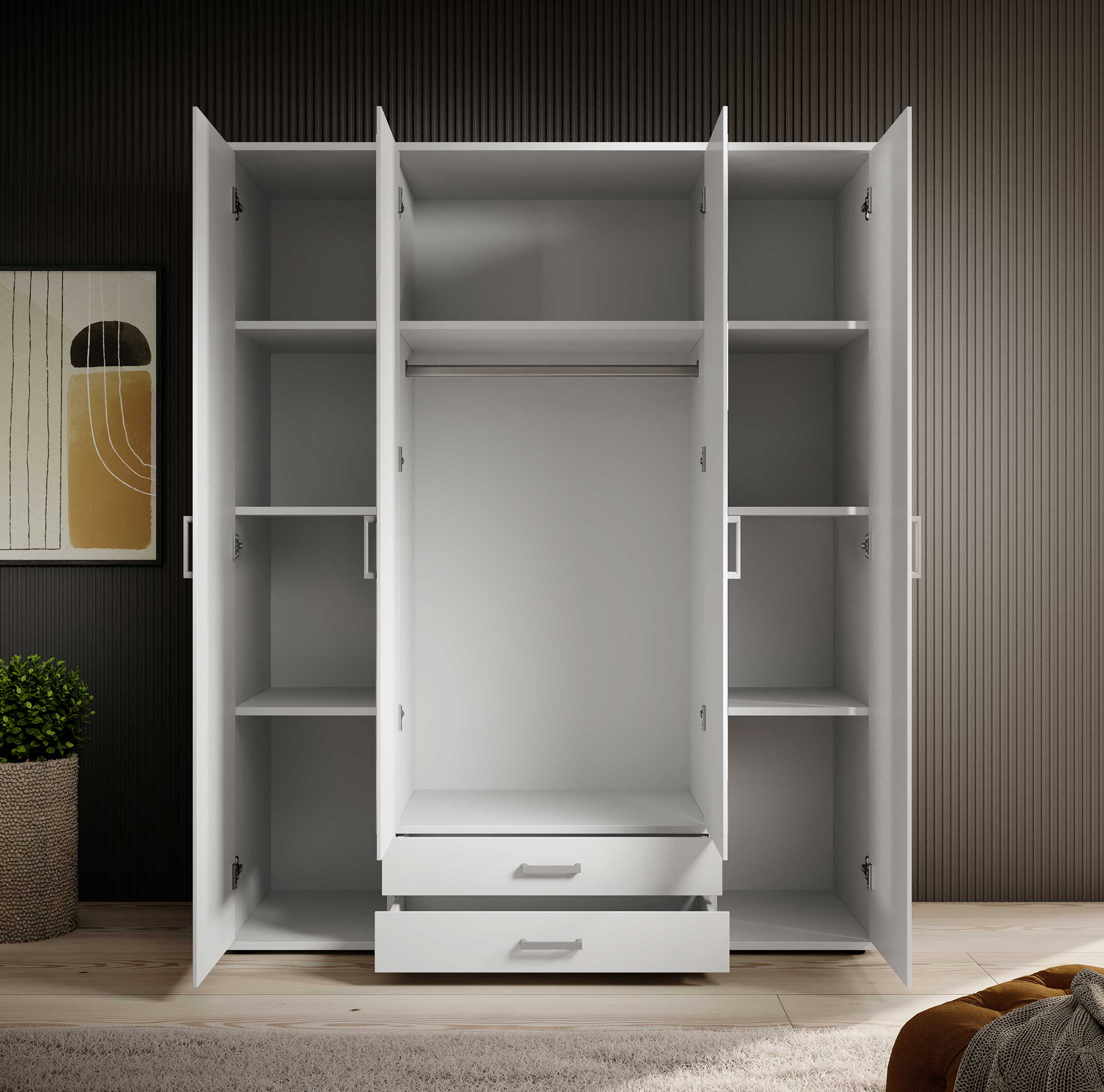 Armoire à vêtements Daniela 160cm à 4 portes & 2 tiroirs - blanc - Image 9