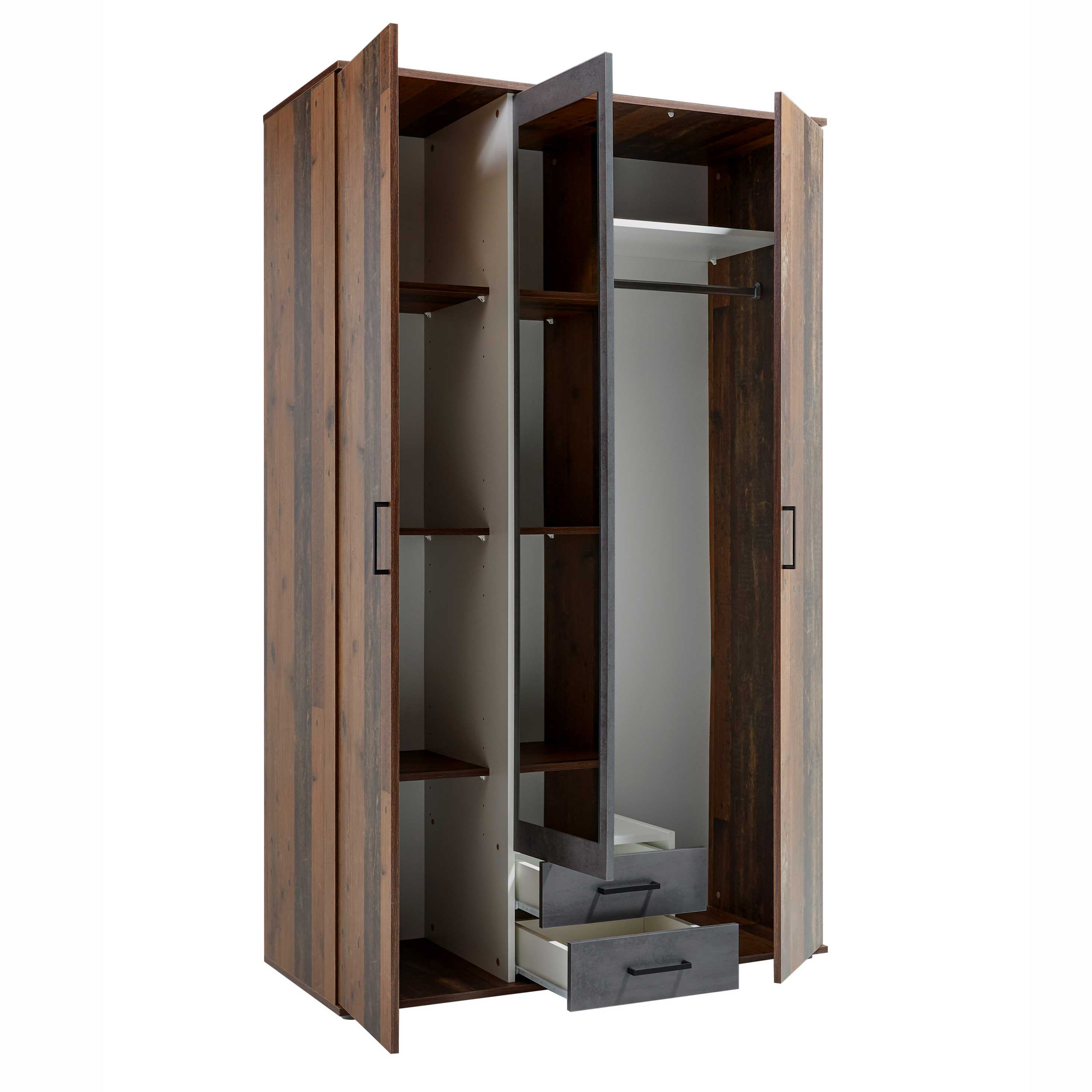 Armoire à vêtements Ellis 120cm à 3 portes & 2 tiroirs - vieux style/béton - Image 2