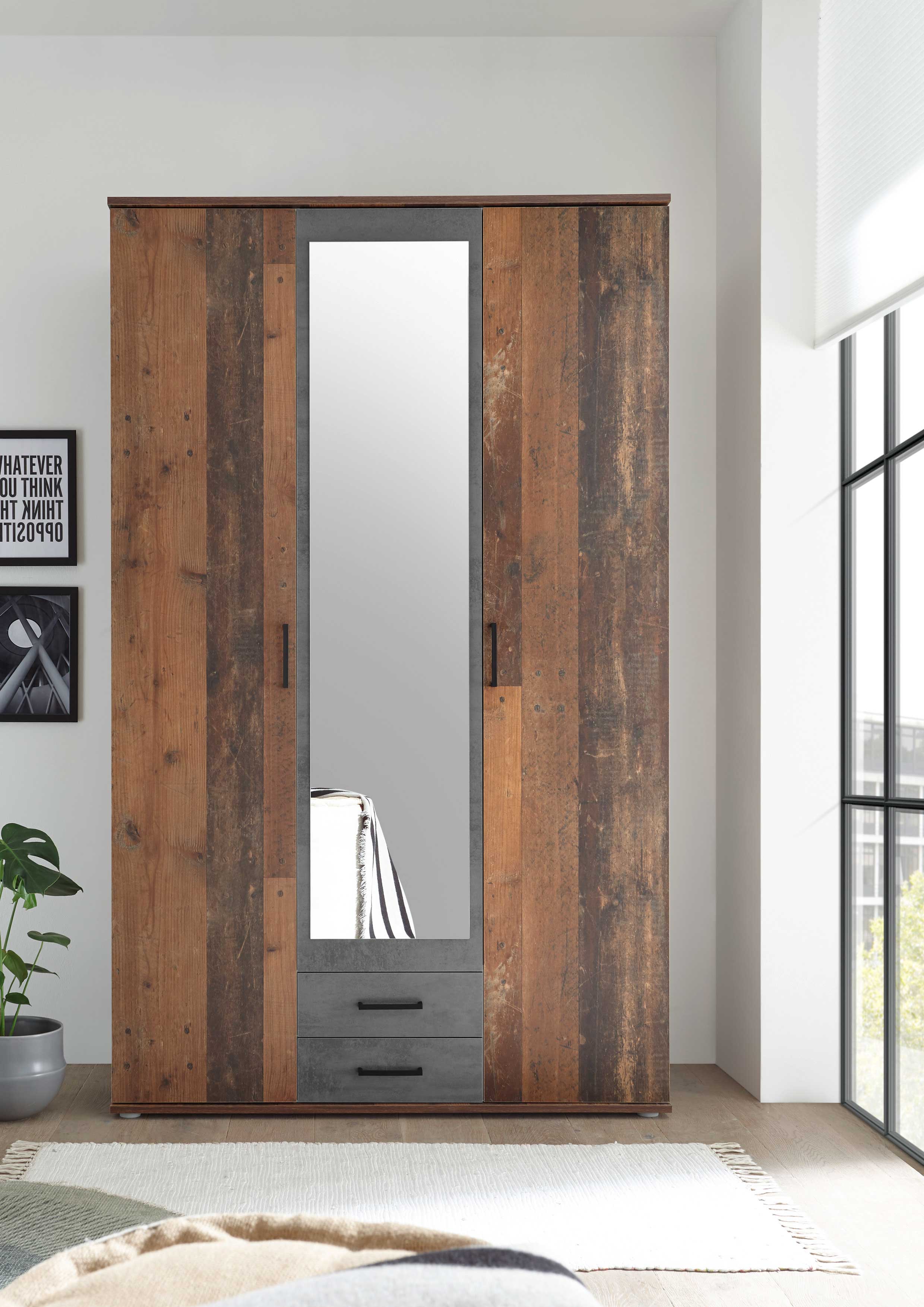 Armoire à vêtements Ellis 120cm à 3 portes & 2 tiroirs - vieux style/béton - Image 7