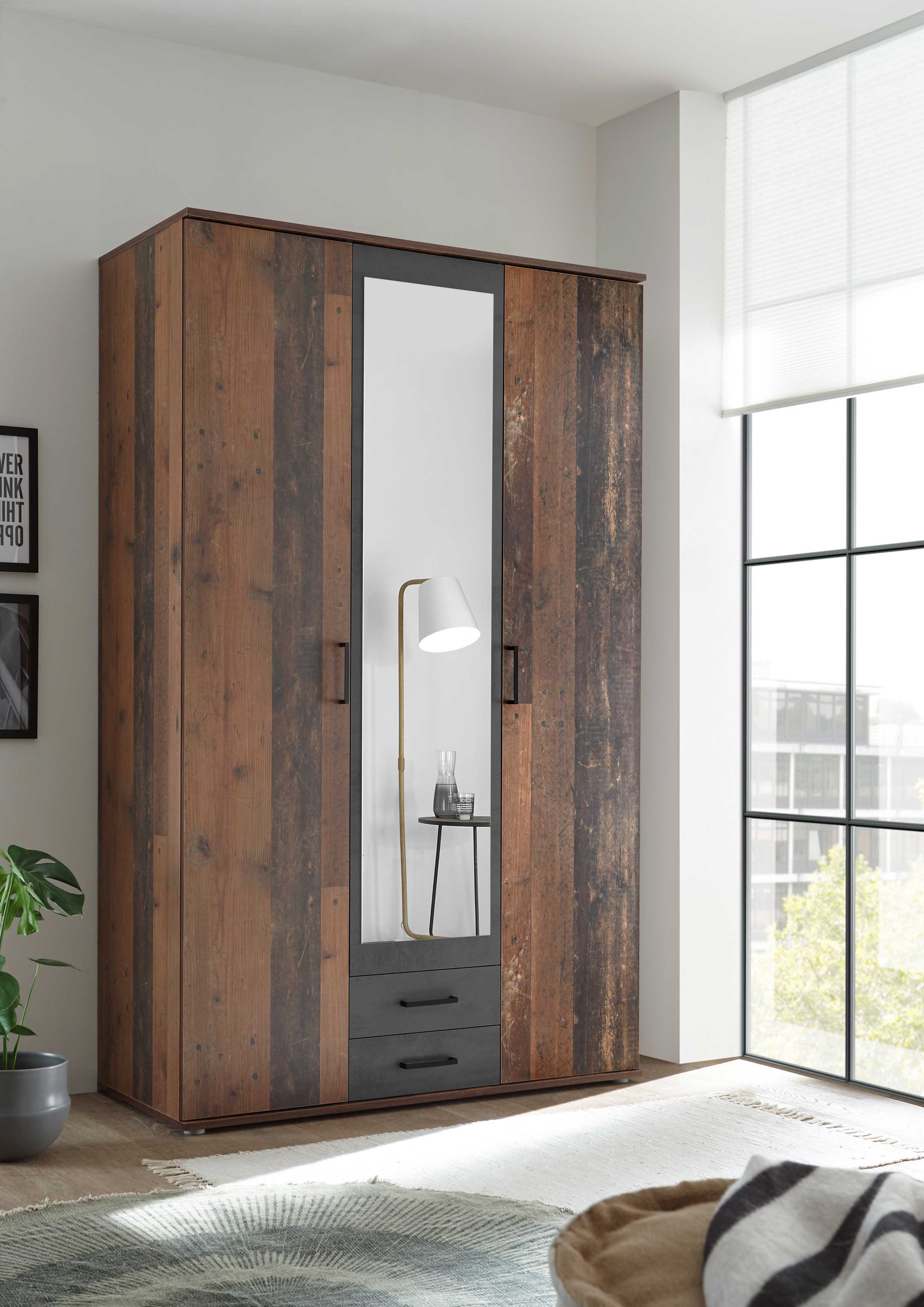 Armoire à vêtements Ellis 120cm à 3 portes & 2 tiroirs - vieux style/béton - Image 9