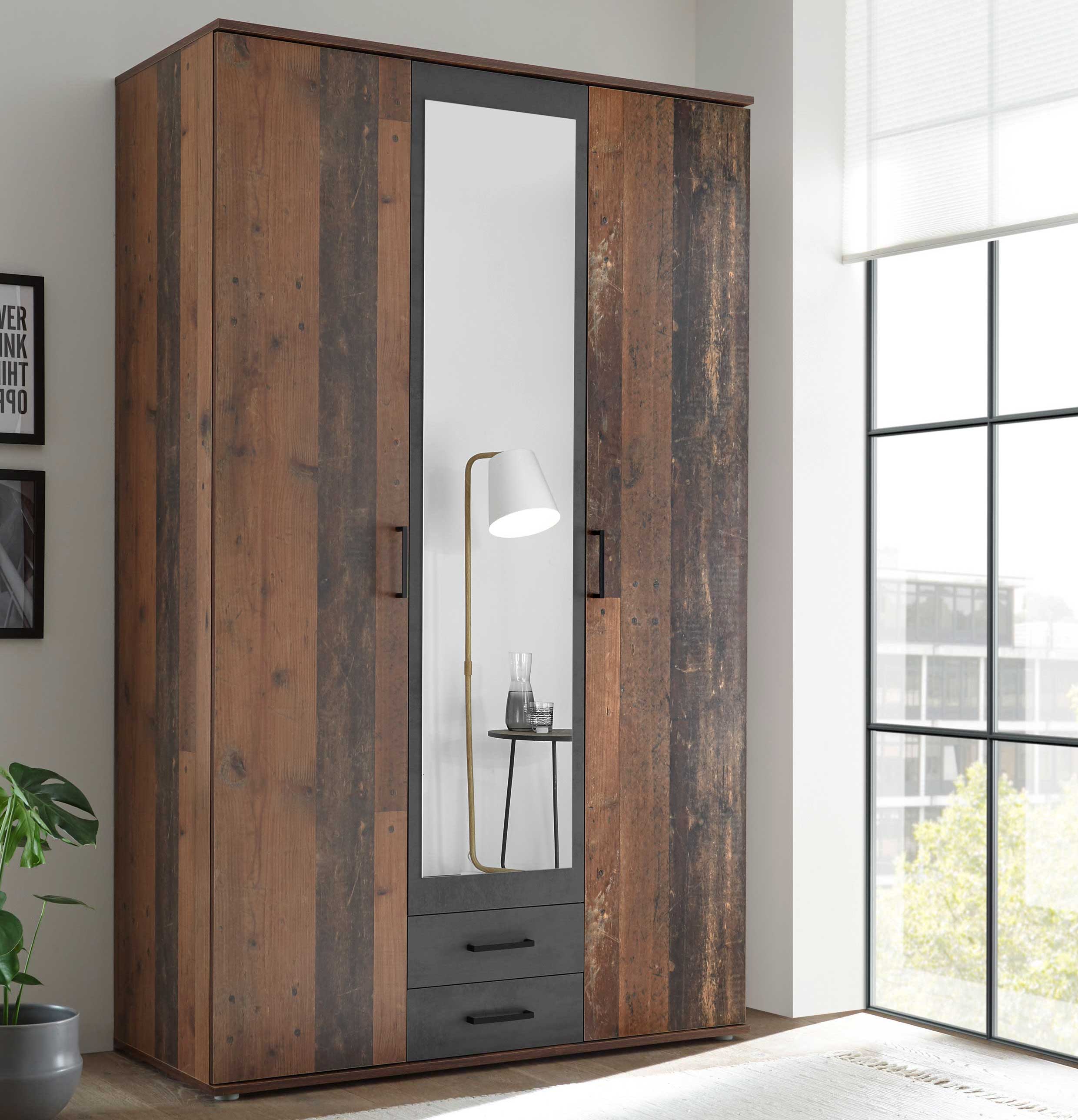 Armoire à vêtements Ellis 120cm à 3 portes & 2 tiroirs - vieux style/béton - Image 1