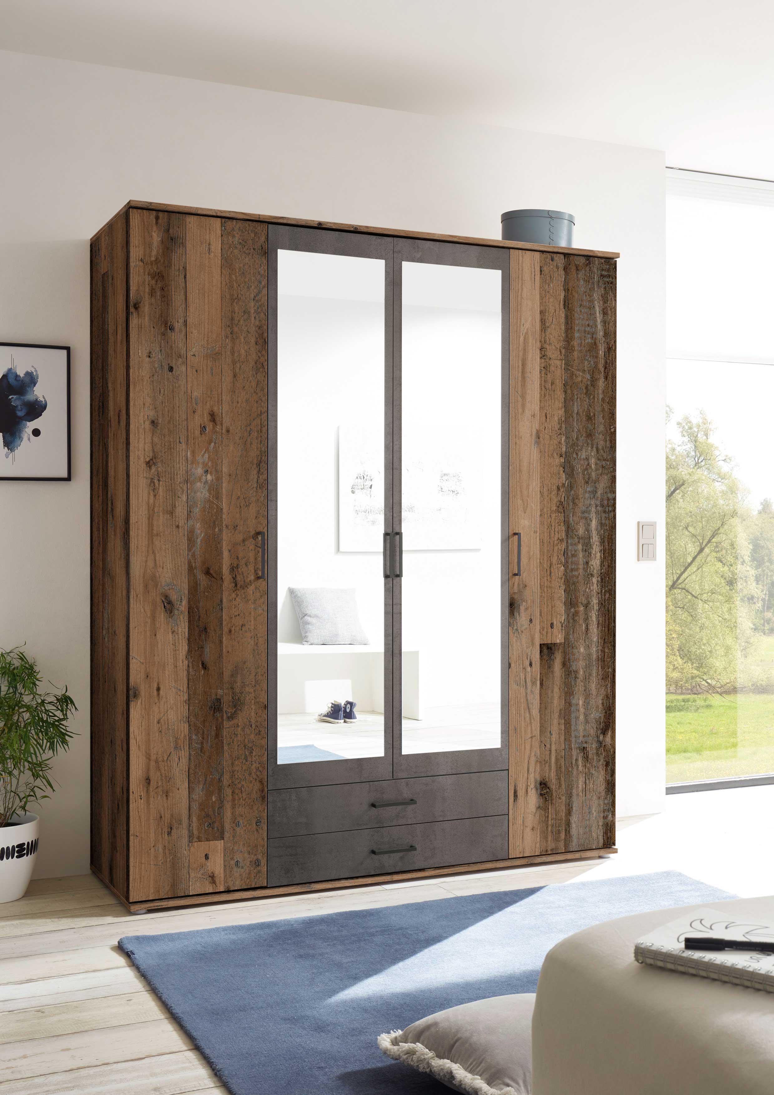 Armoire à vêtements Ellis 160cm à 4 portes & 2 tiroirs - vieux style/béton - Image 3