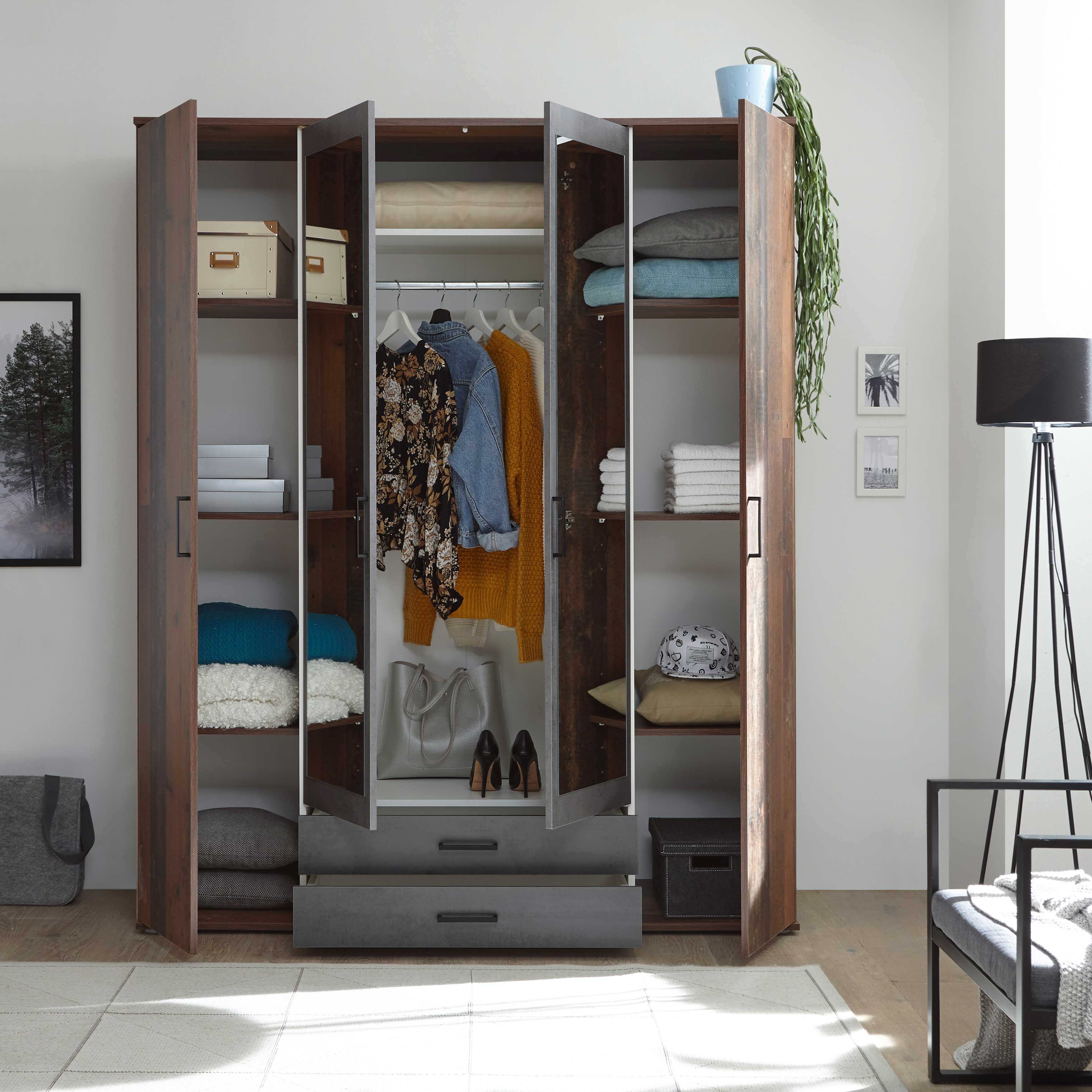 Armoire à vêtements Ellis 160cm à 4 portes & 2 tiroirs - vieux style/béton - Image 7