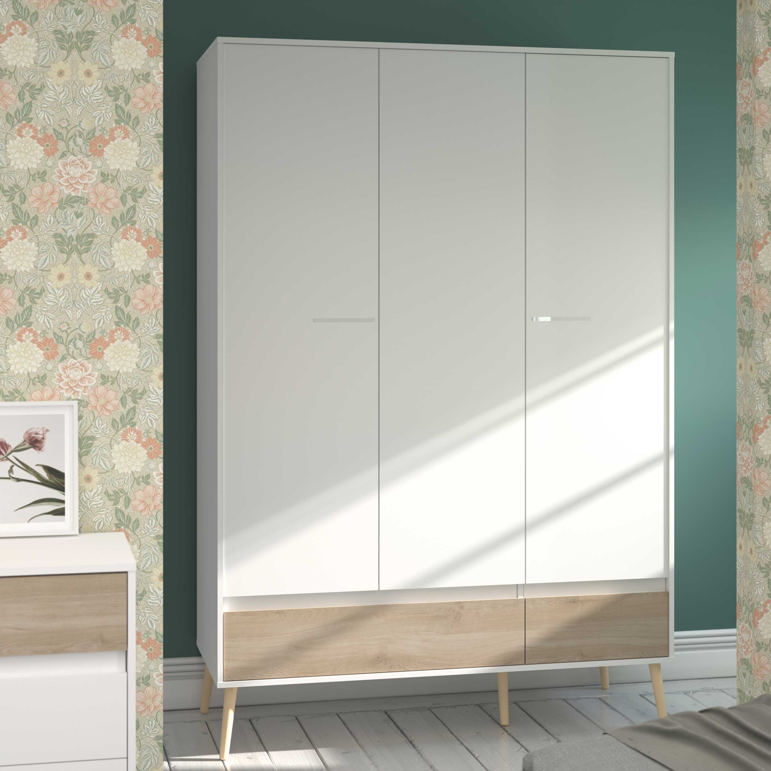 Armoire à vêtements Hardy 135 cm avec 3 portes - blanc/chêne