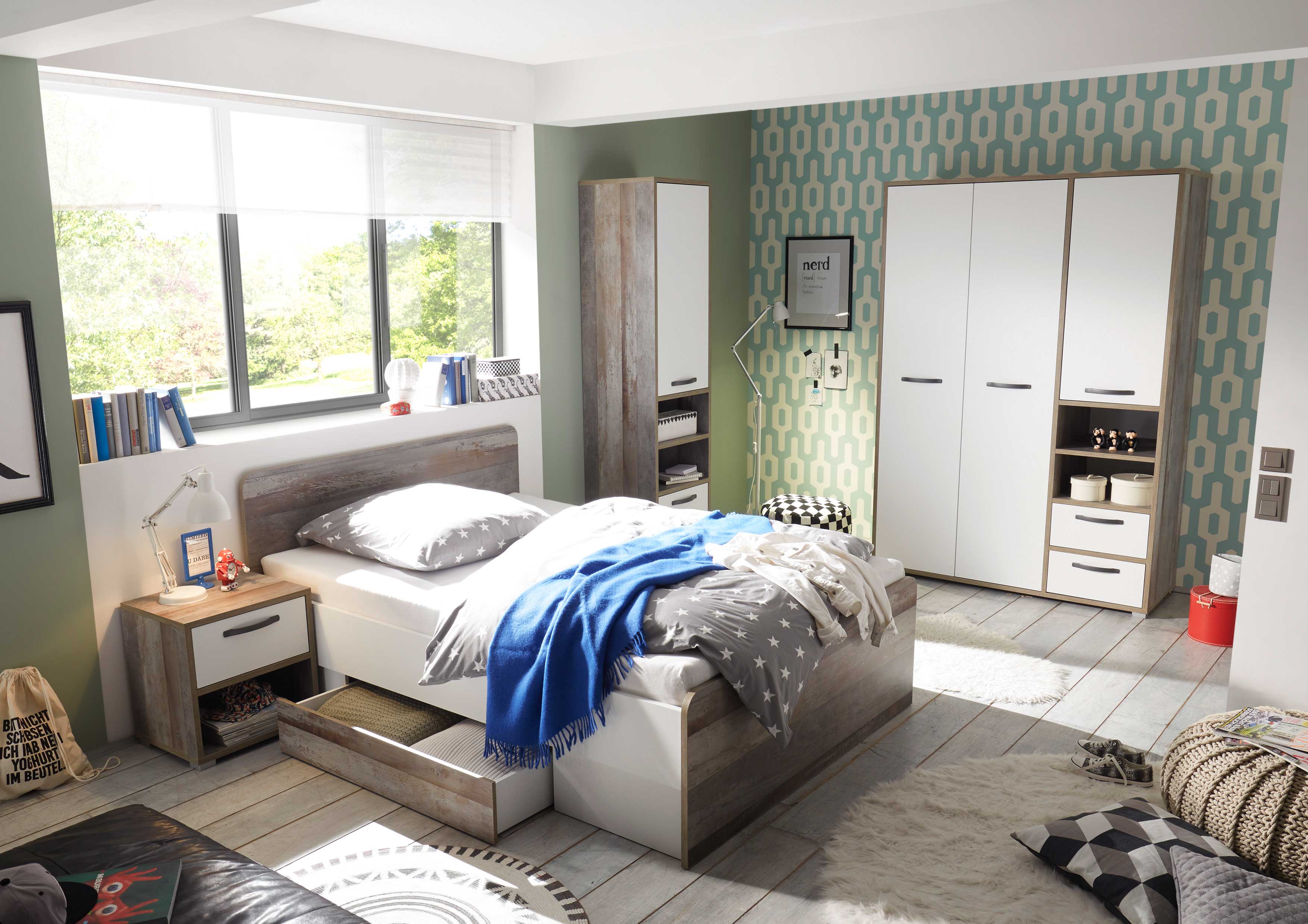 Armoire à vêtements Petrus 138cm 3 portes & 2 tiroirs - blanc/bois flottant - Image 4