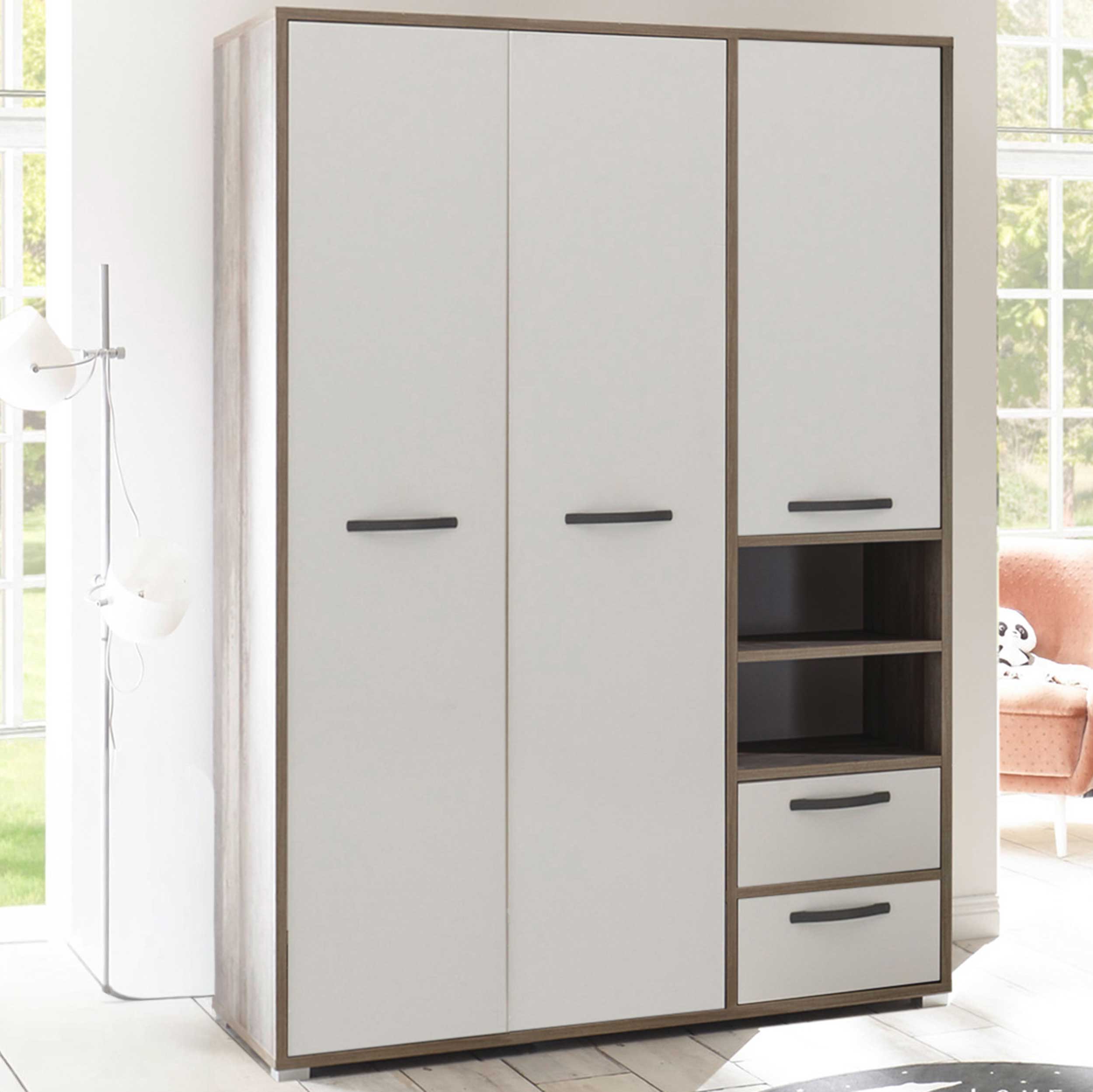 Armoire à vêtements Petrus 138cm 3 portes & 2 tiroirs - blanc/bois flottant - Image 1
