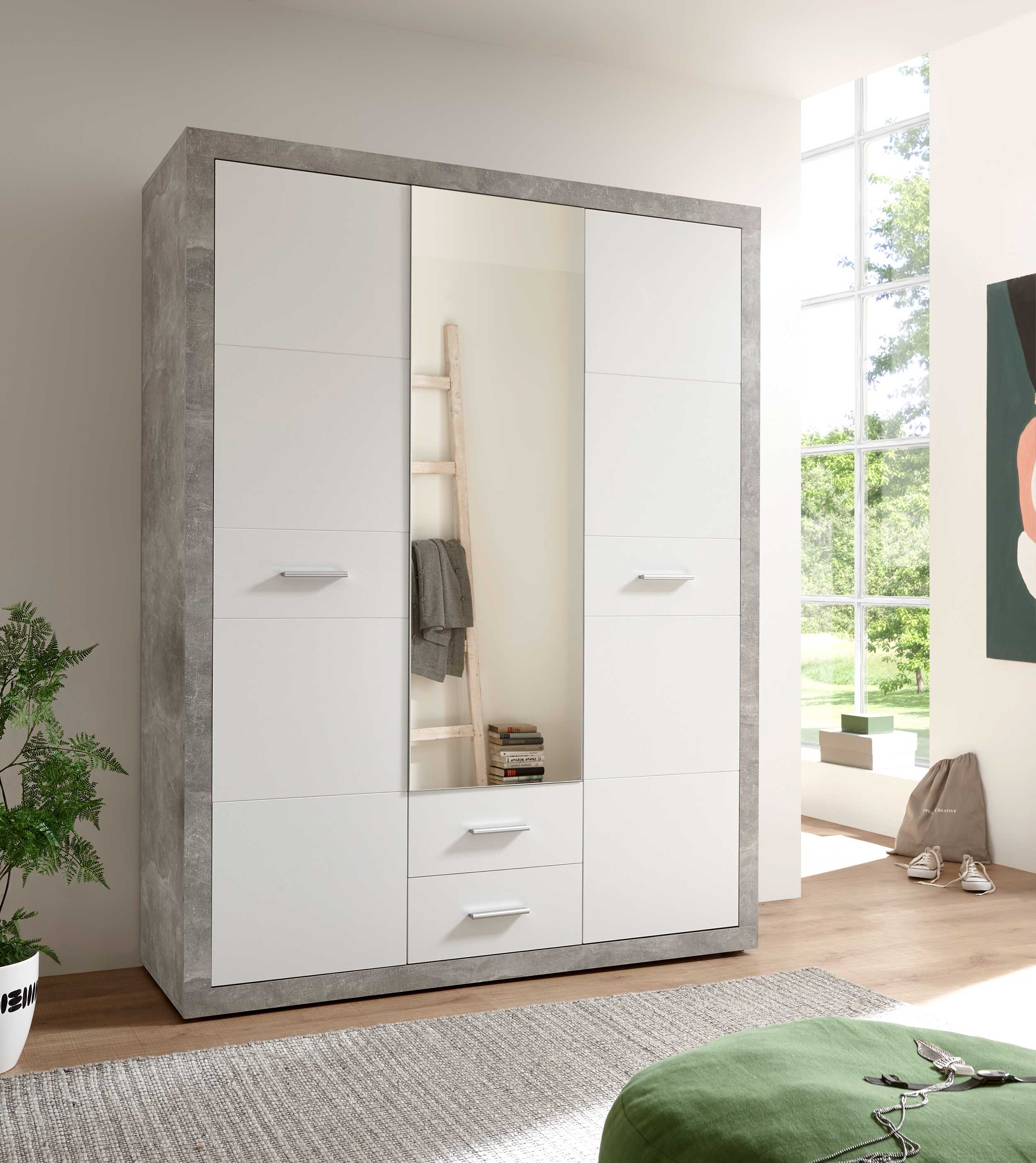 Armoire à vêtements Storck 151cm 3 portes & 2 tiroirs - béton/blanc - Image 8