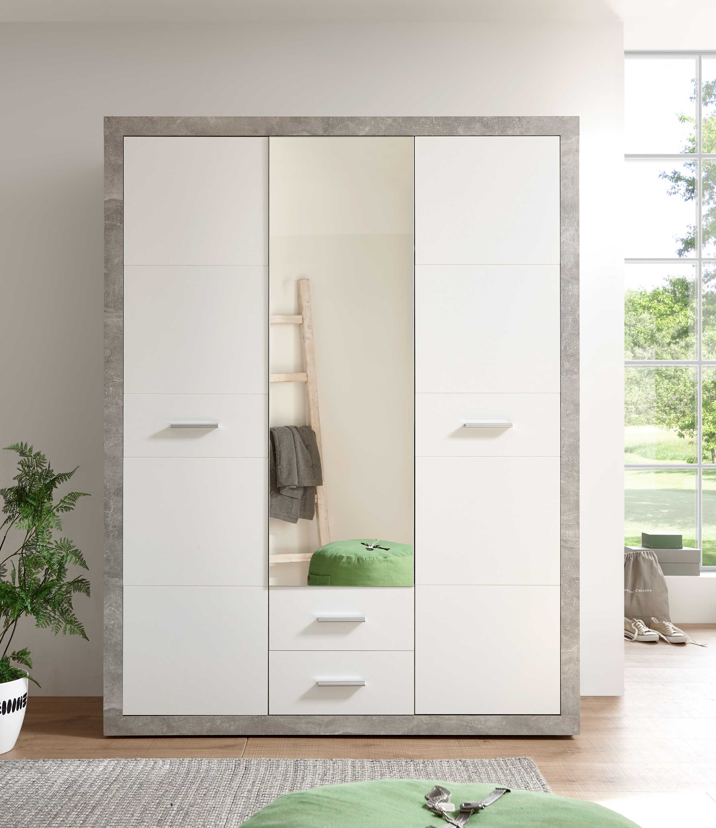 Armoire à vêtements Storck 151cm 3 portes & 2 tiroirs - béton/blanc - Image 9