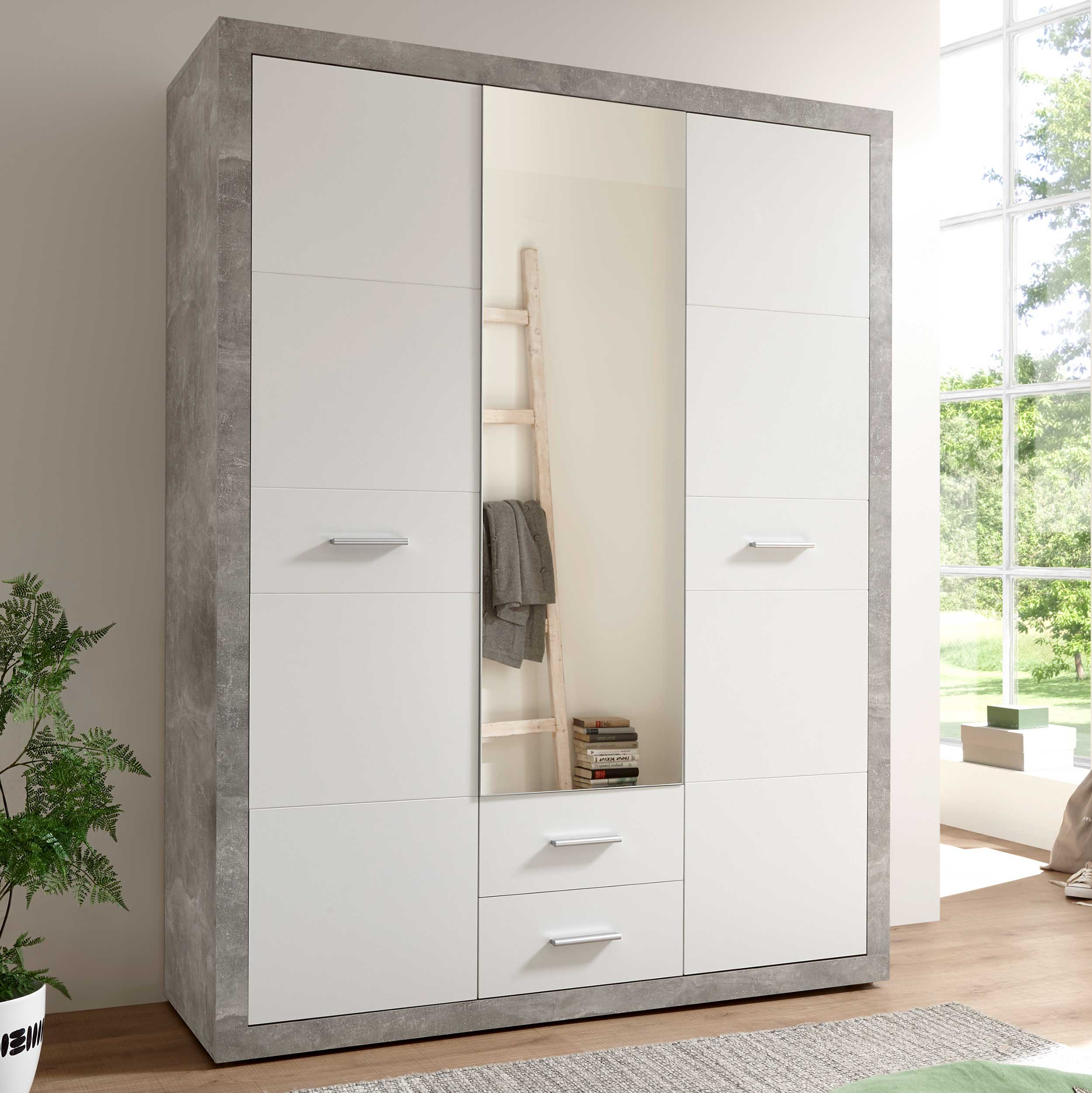 Armoire à vêtements Storck 151cm 3 portes & 2 tiroirs - béton/blanc