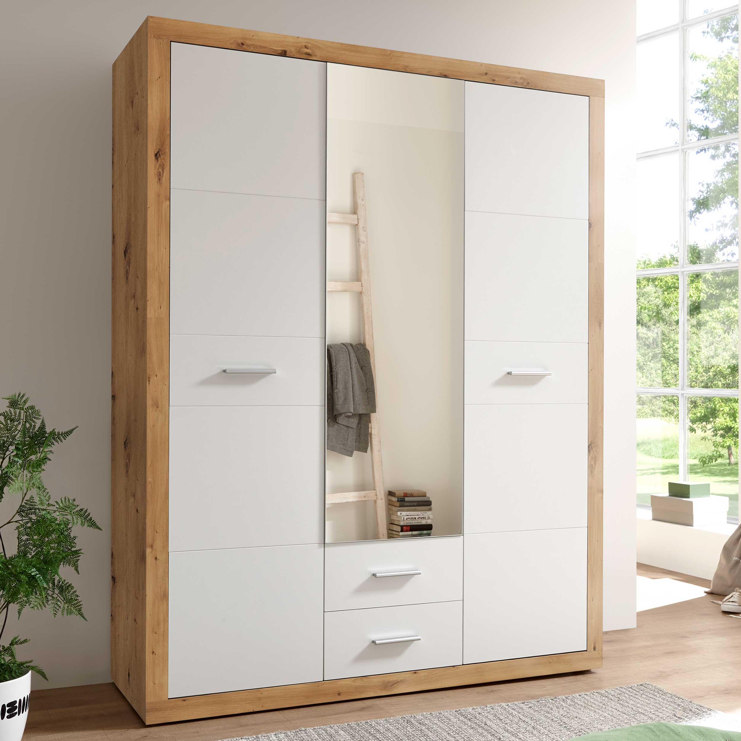 Armoire à vêtements Storck 151cm 3 portes & 2 tiroirs - chêne artisan/blanc - Image 1