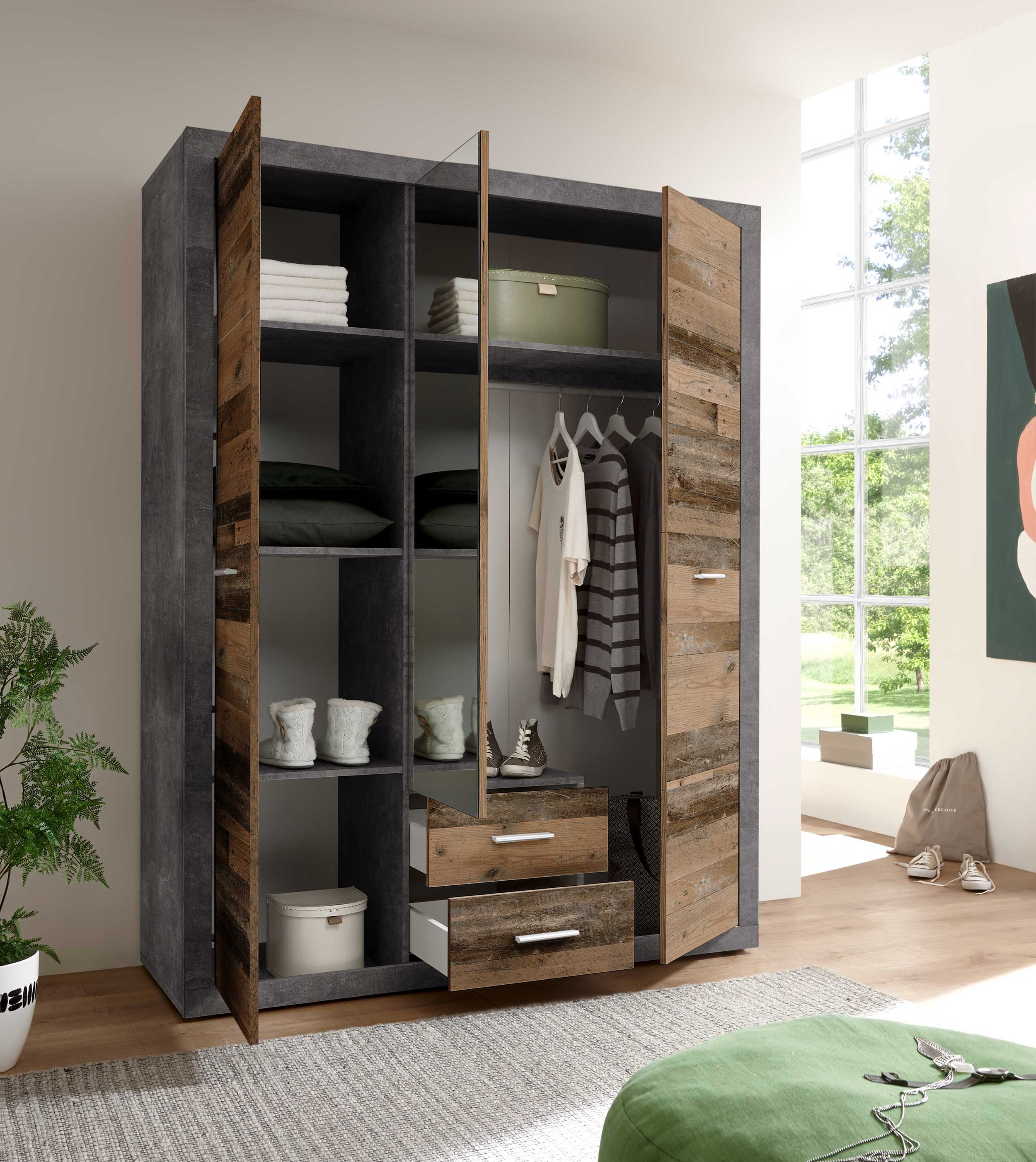 Armoire à vêtements Storck 151cm 3 portes & 2 tiroirs - vieux style/béton - Image 9