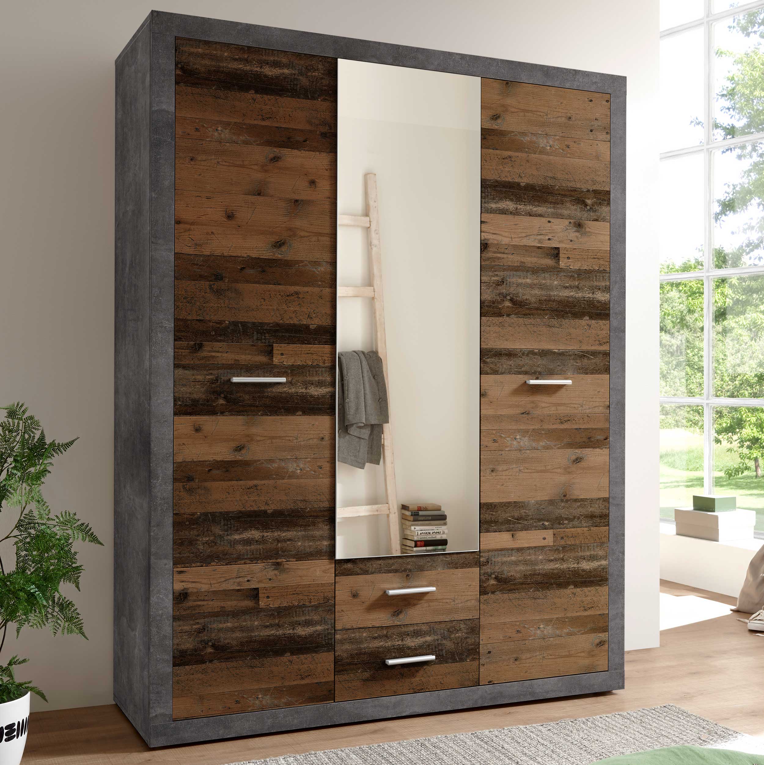 Armoire à vêtements Storck 151cm 3 portes & 2 tiroirs - vieux style/béton - Image 1