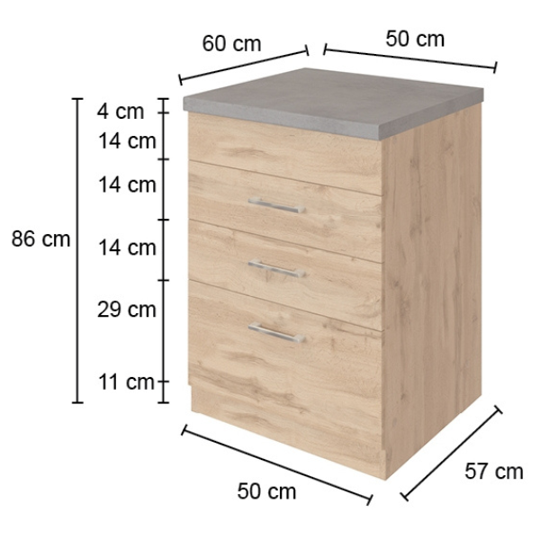 Armoire de cuisine pour plaque cuisson Sorrella 3 tiroirs - chêne/béton - Image 3