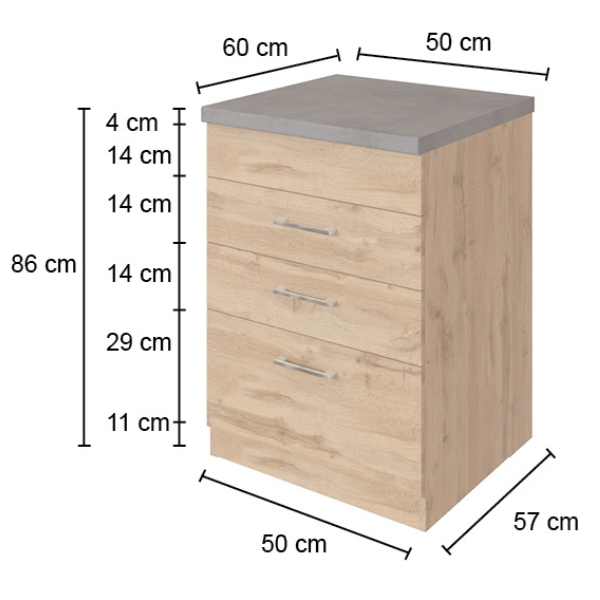 Armoire de cuisine pour plaque cuisson Sorrella 3 tiroirs - chêne/graphite - Image 5