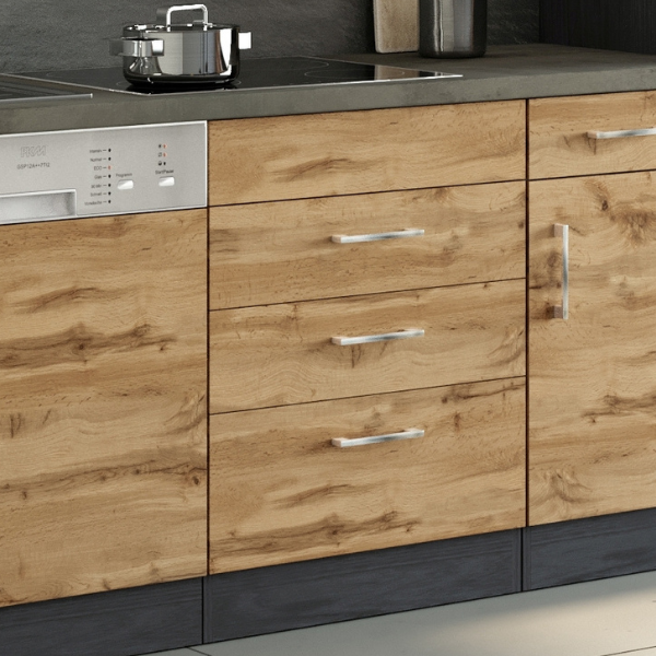 Armoire de cuisine pour plaque cuisson Sorrella 3 tiroirs - chêne/graphite - Image 1