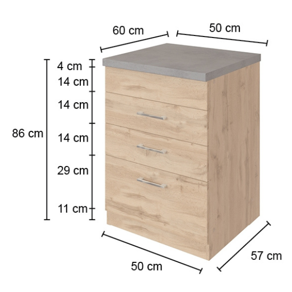 Armoire de cuisine Sorrella 50cm 3 tiroirs - chêne/béton - Image 2