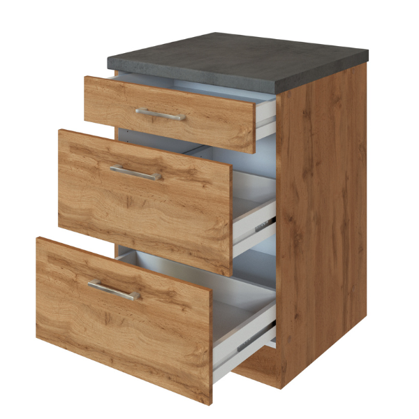 Armoire de cuisine Sorrella 50cm 3 tiroirs - chêne/béton - Image 6