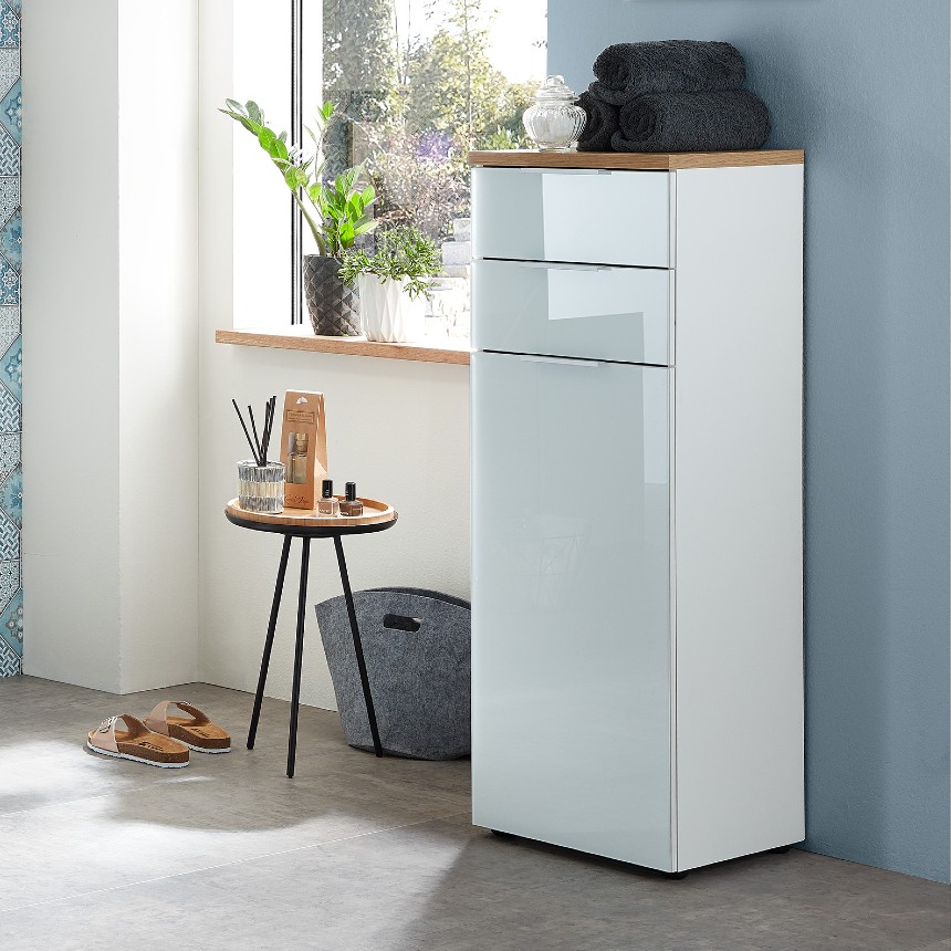 Armoire de salle de bains Sepp avec 1 porte & 2 tiroirs - blanc/chêne - Image 1