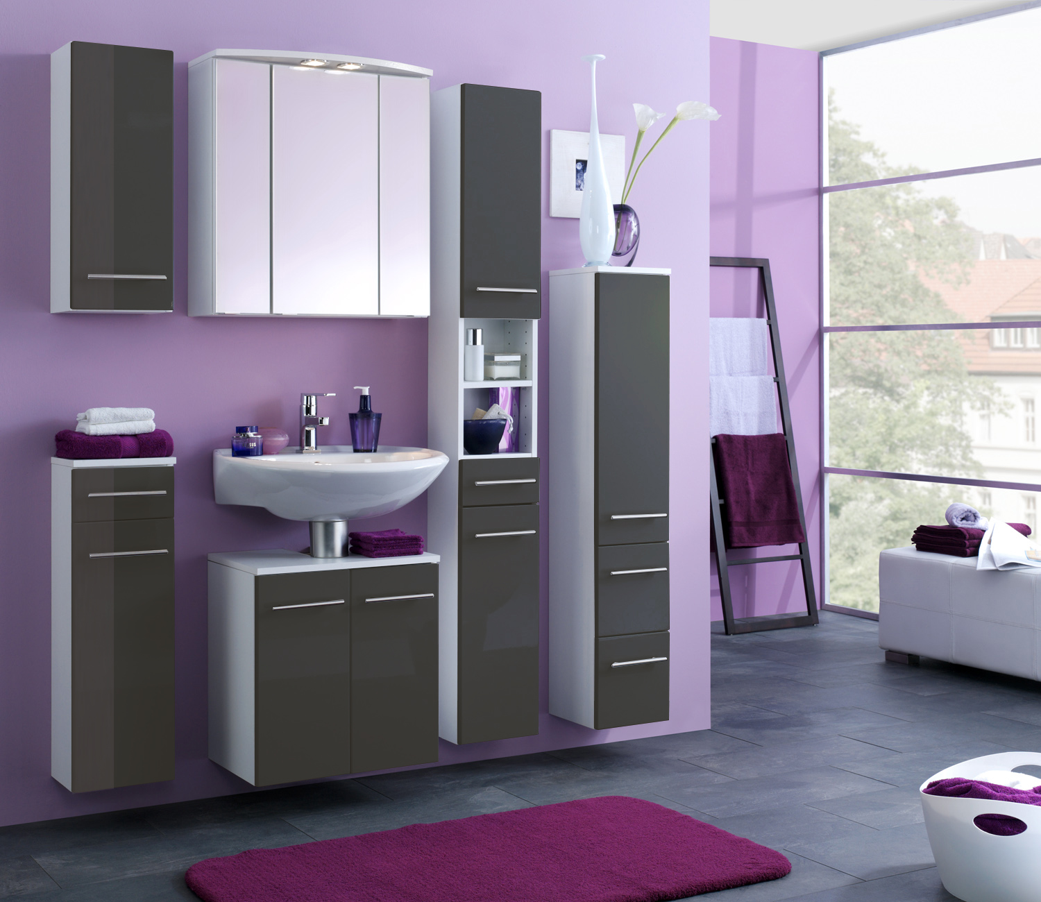 Armoire de salle de bains Small 25cm 1 tiroir & 1 porte - gris brillant - Image 3