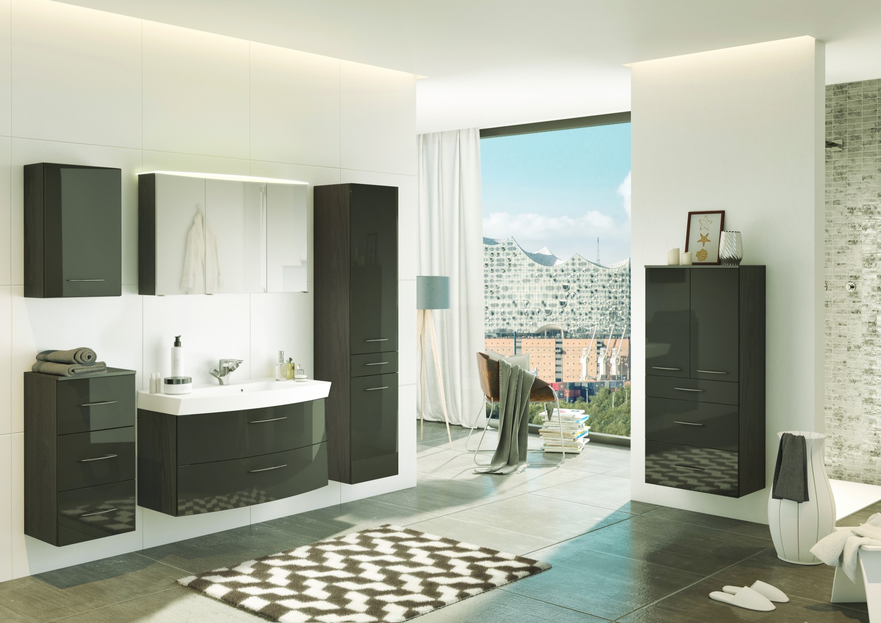 Armoire de toilette Florent courbée 100cm 3 portes & barre LED - graphite - Image 2