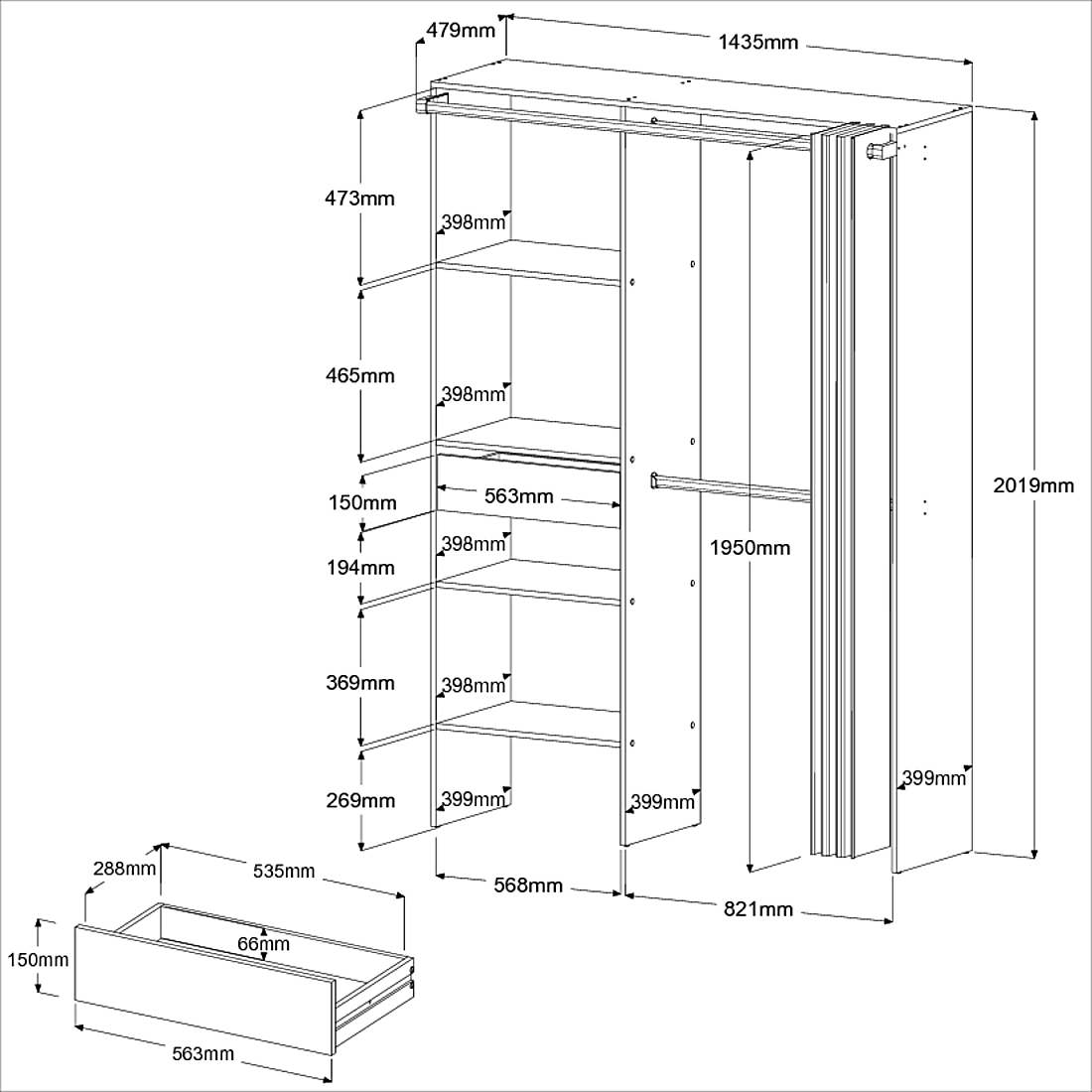 Armoire Gary avec rideau 1 tiroir - chêne/gris - Image 2