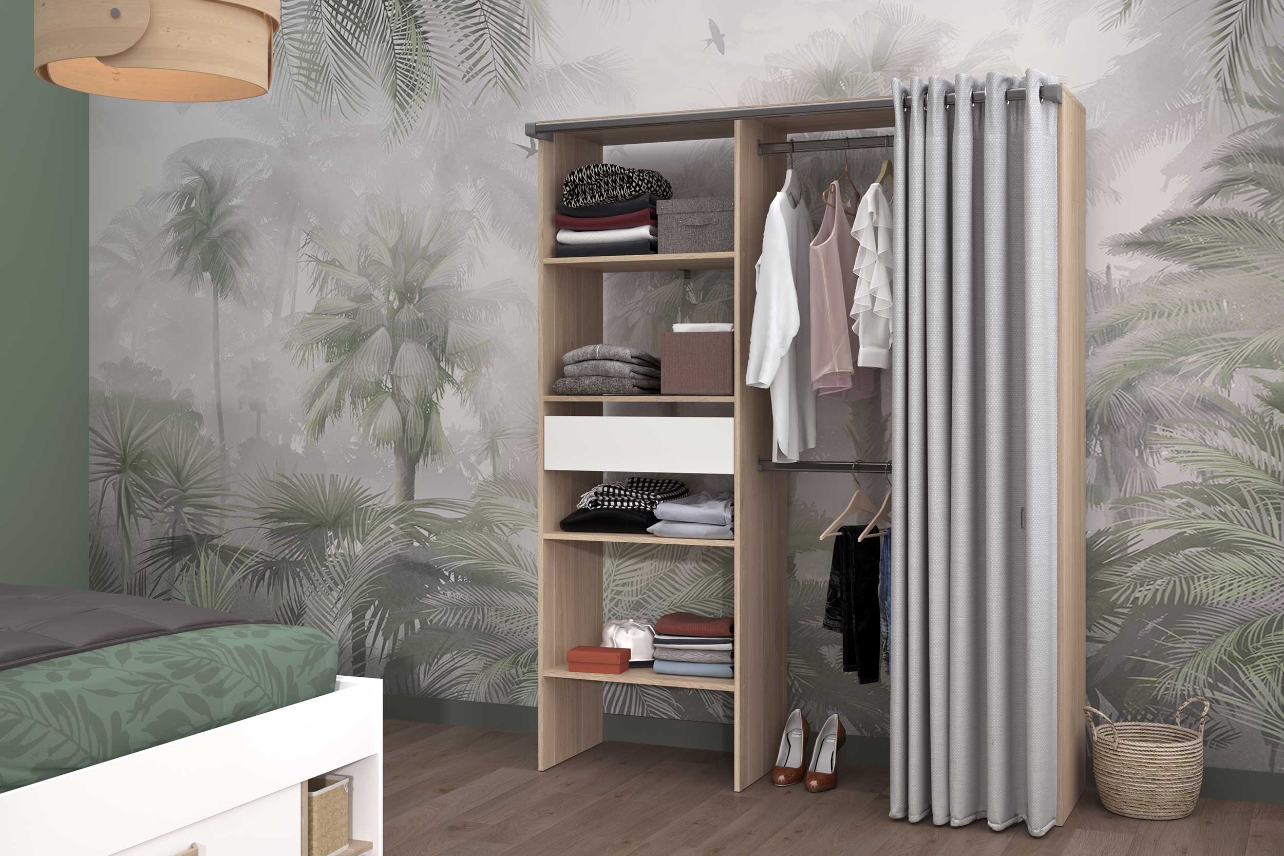 Armoire Gary avec rideau 1 tiroir - chêne/gris - Image 9