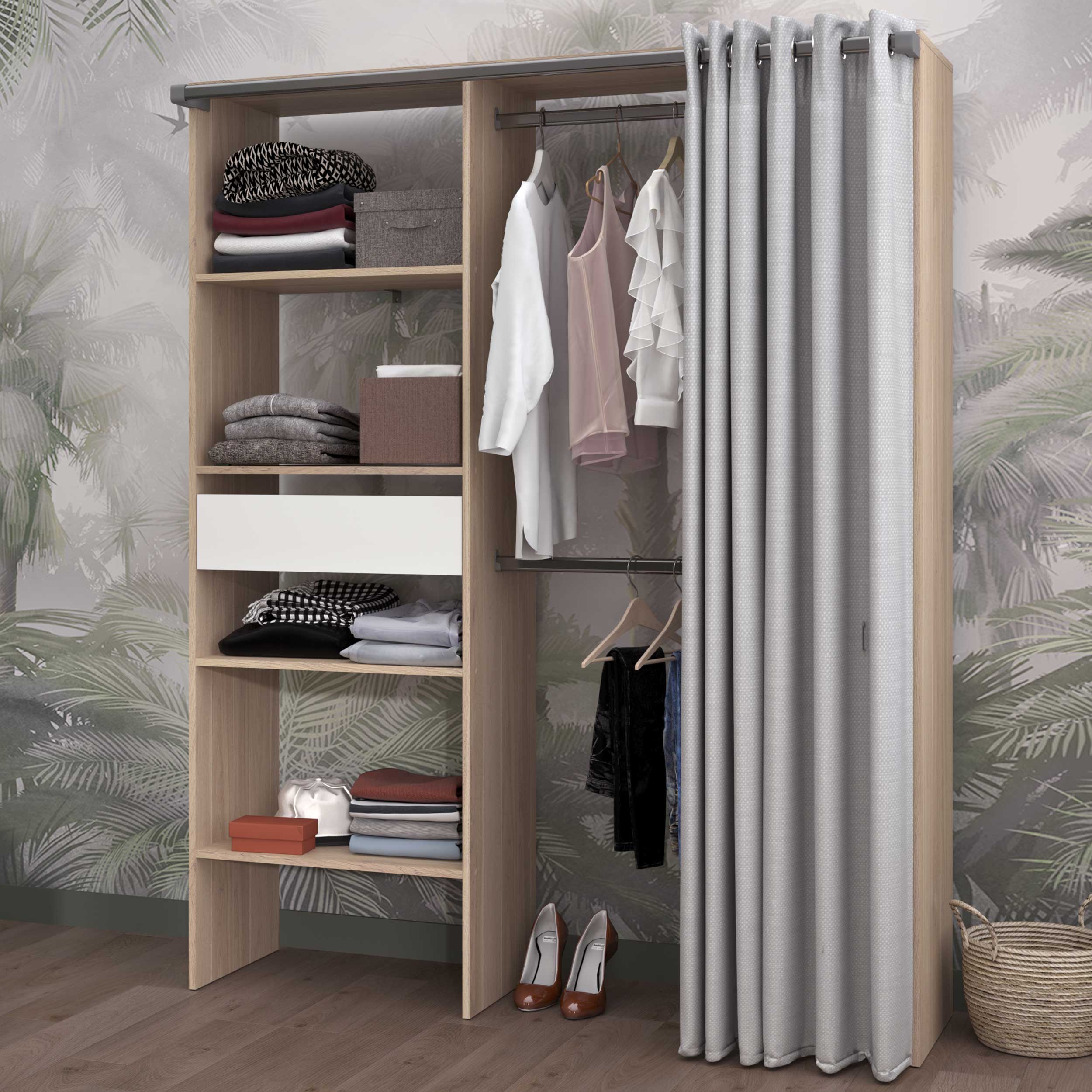 Armoire Gary avec rideau 1 tiroir - chêne/gris - Image 1