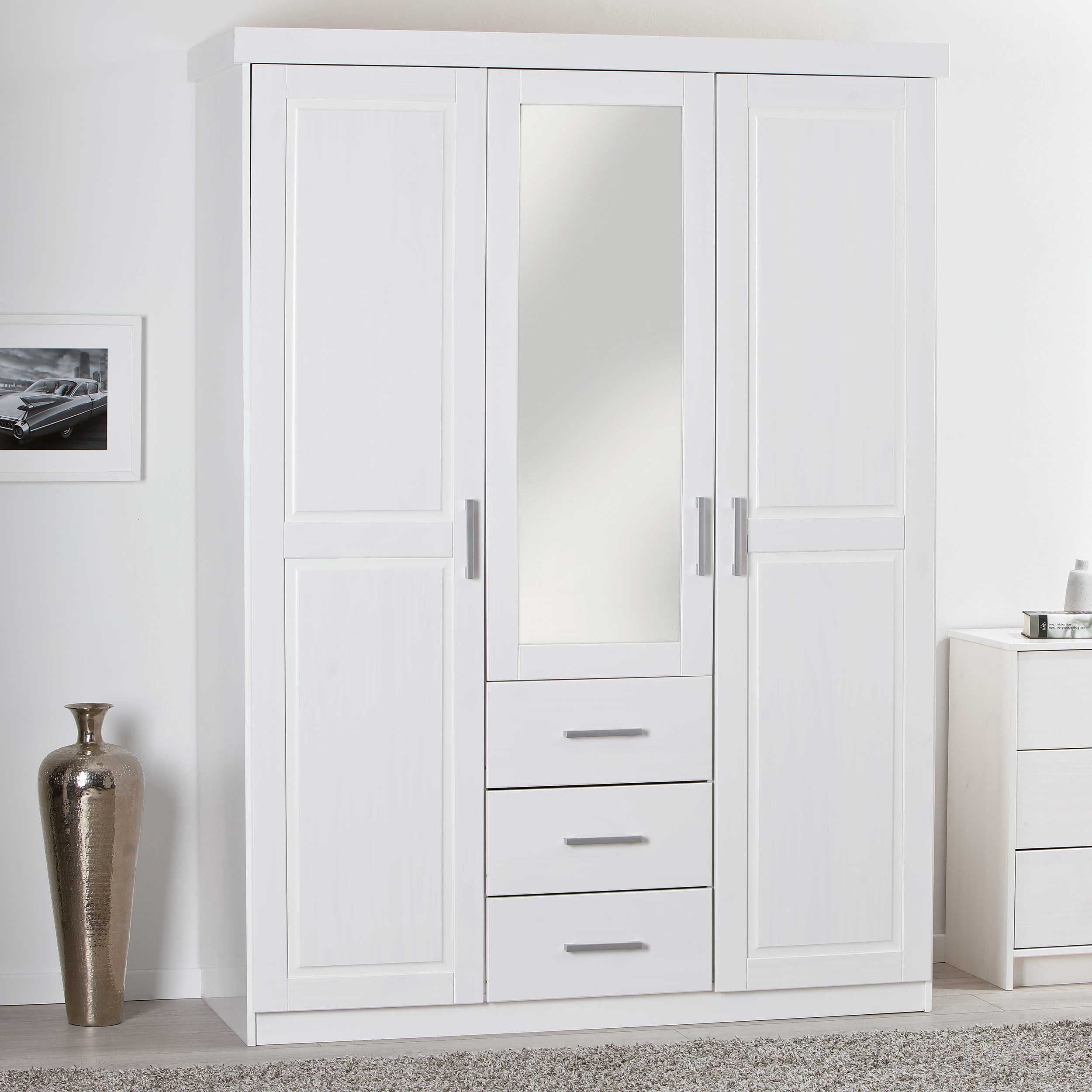 Armoire Geraldo 140cm avec 3 portes & miroir - blanc