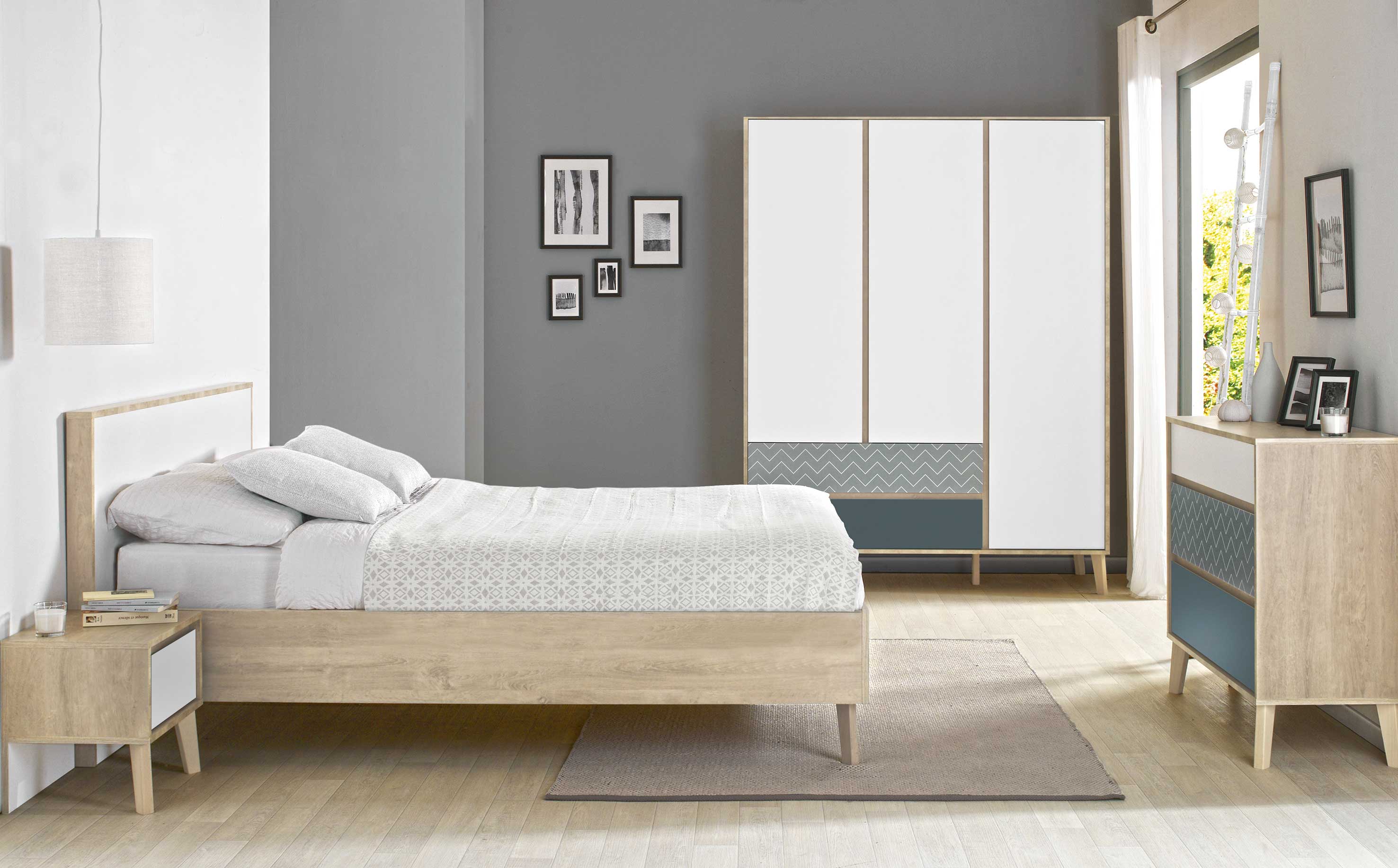 Armoire Lina 153cm avec 3 portes - brun/blanc/bleu - Image 2