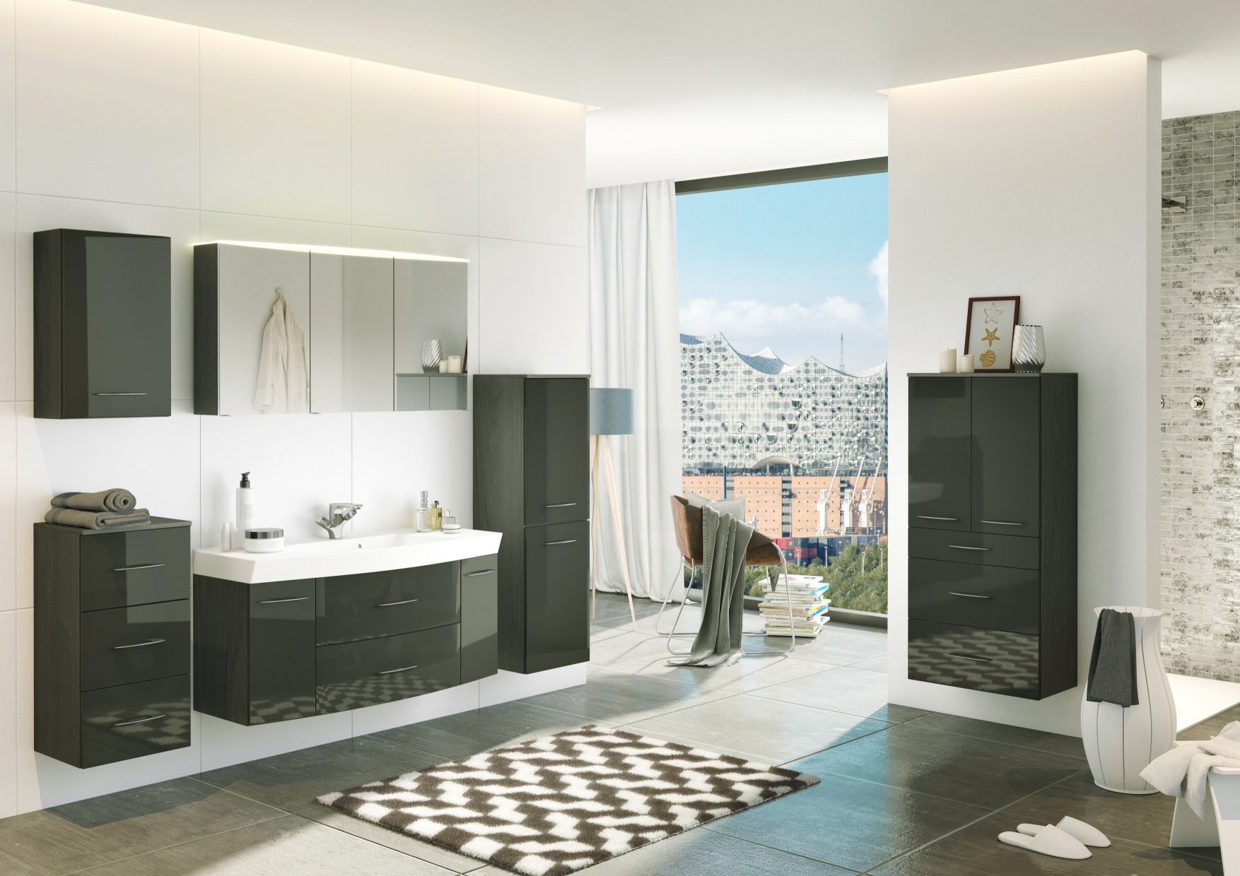 Armoire salle de bains Florent 40cm 3 tiroirs - graphite/gris brillant - Image 2