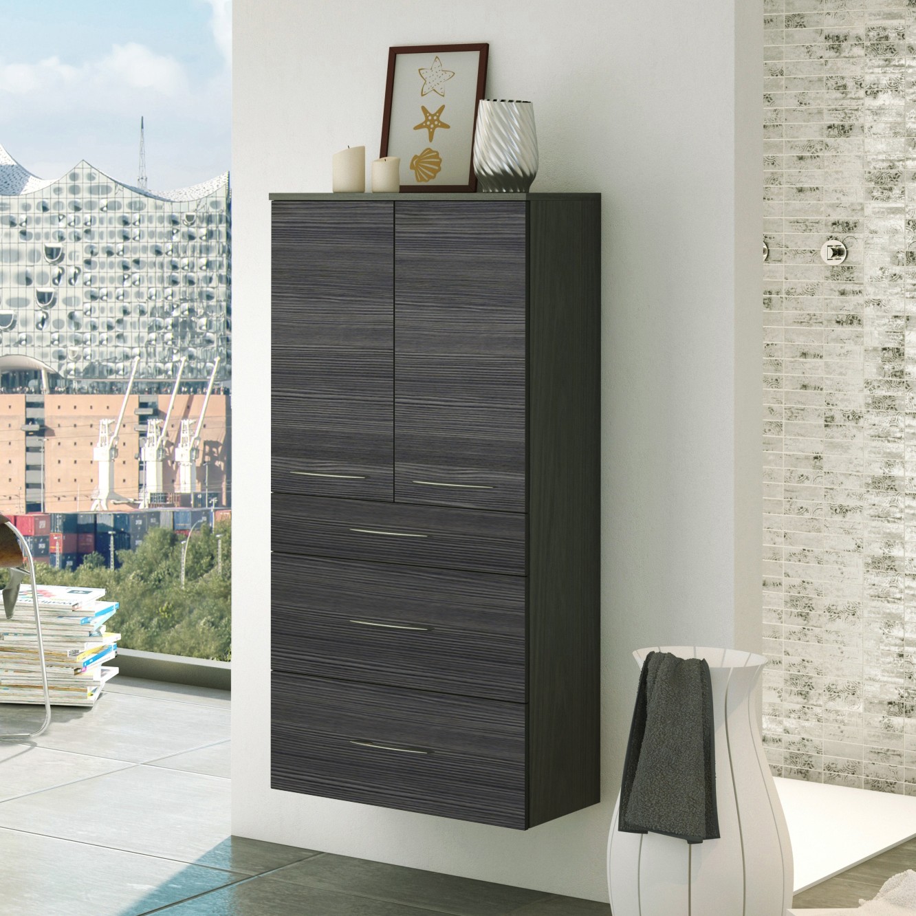 Armoire salle de bains Florent 60cm 2 portes & 3 tiroirs - graphite/chêne gris - Image 1