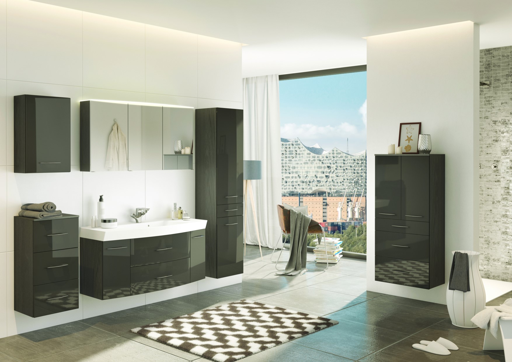 Armoire salle de bains Florent 60cm 2 portes & 3 tiroirs - graphite/gris brillant - Image 2