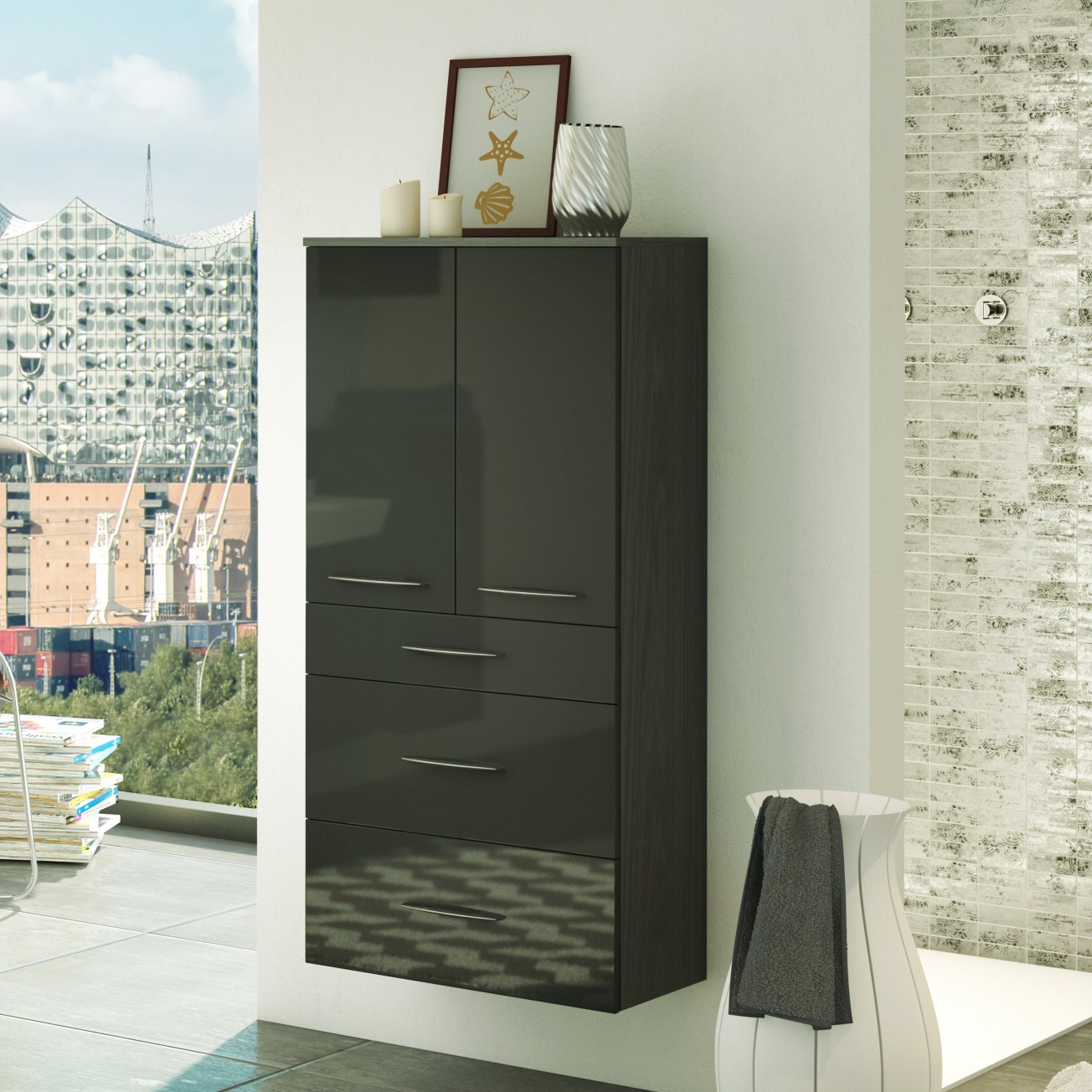 Armoire salle de bains Florent 60cm 2 portes & 3 tiroirs - graphite/gris brillant - Image 1