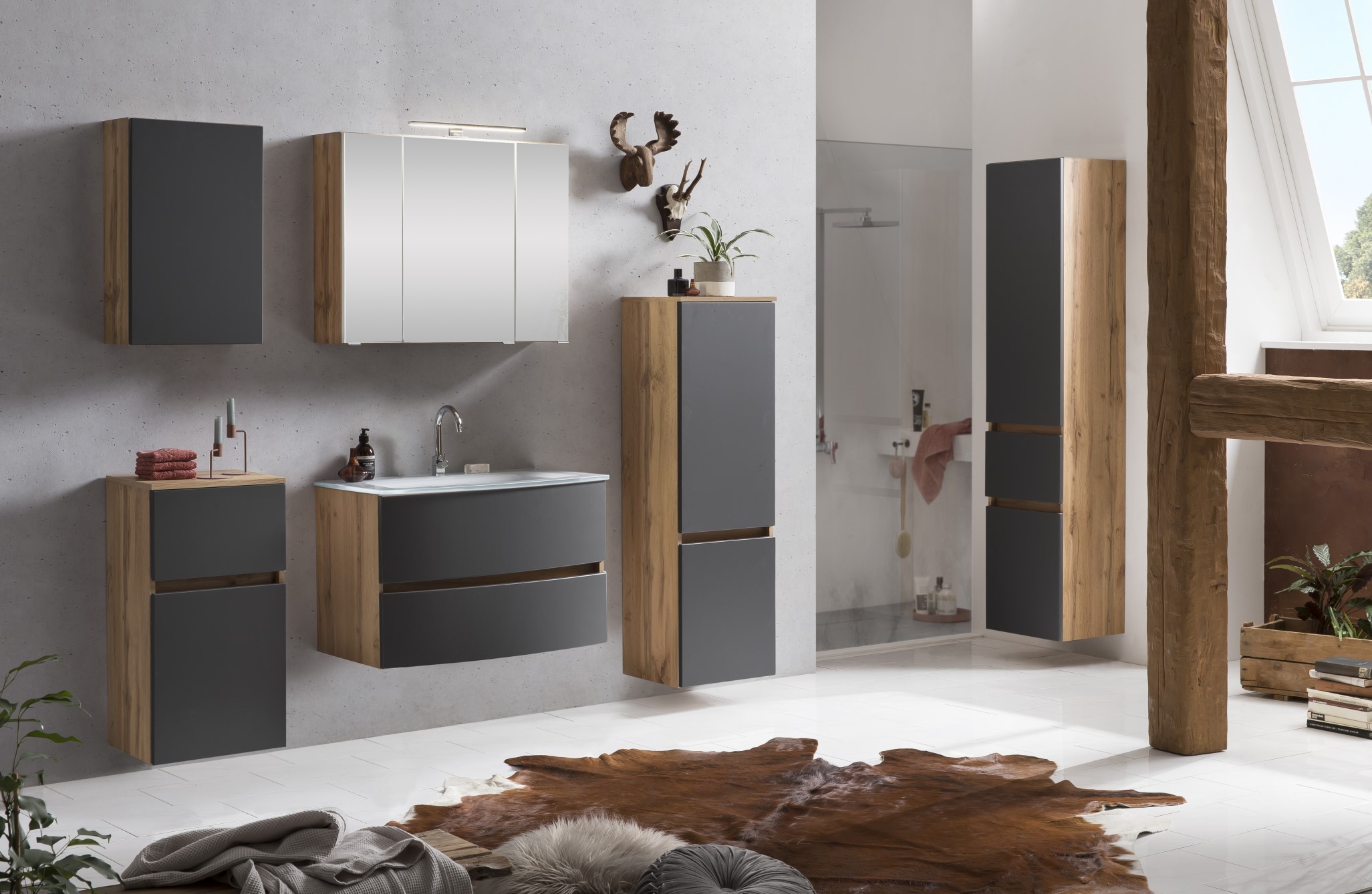 Armoire salle de bains Kornel/Luna 40cm 1 porte & 1 tiroir - chêne/gris mat - Image 2