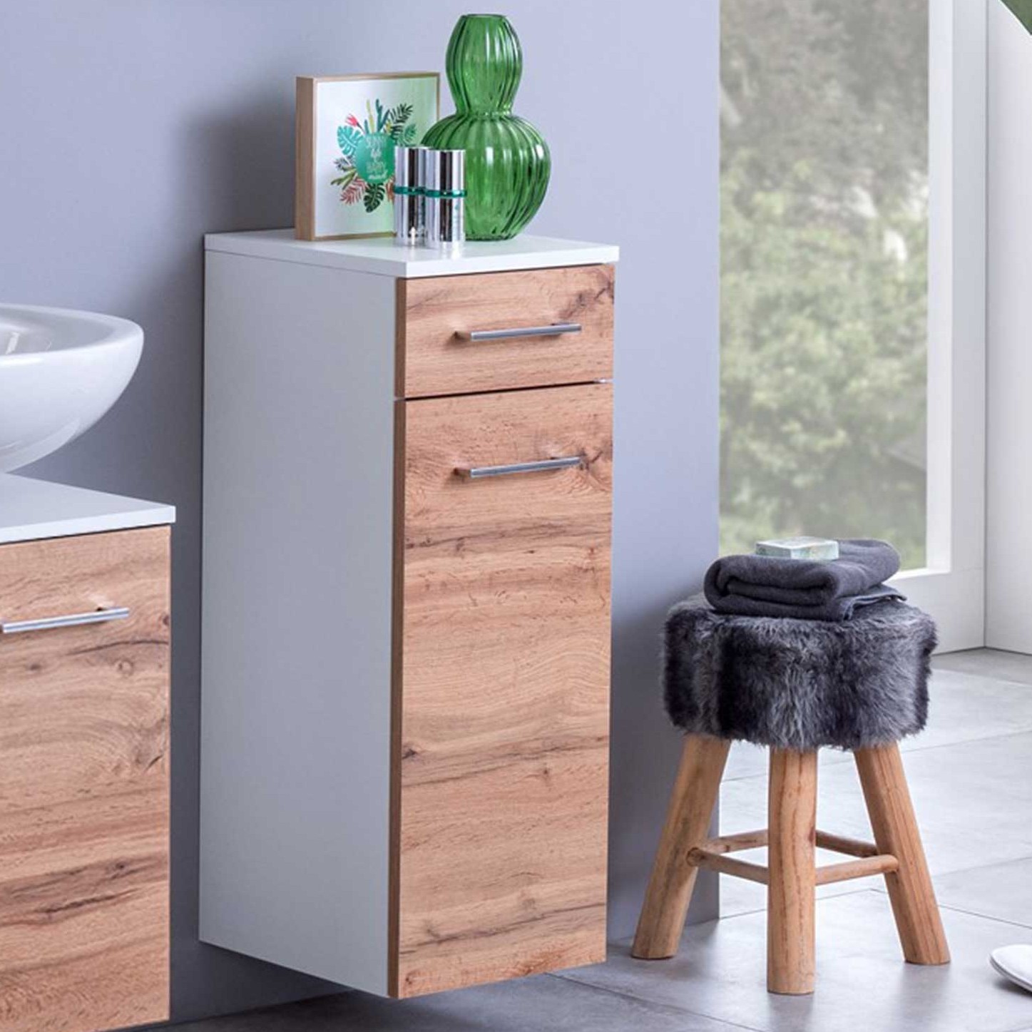 Armoire salle de bains Pares 30cm 1 porte & 1 tiroir - blanc/chêne wotan - Image 1