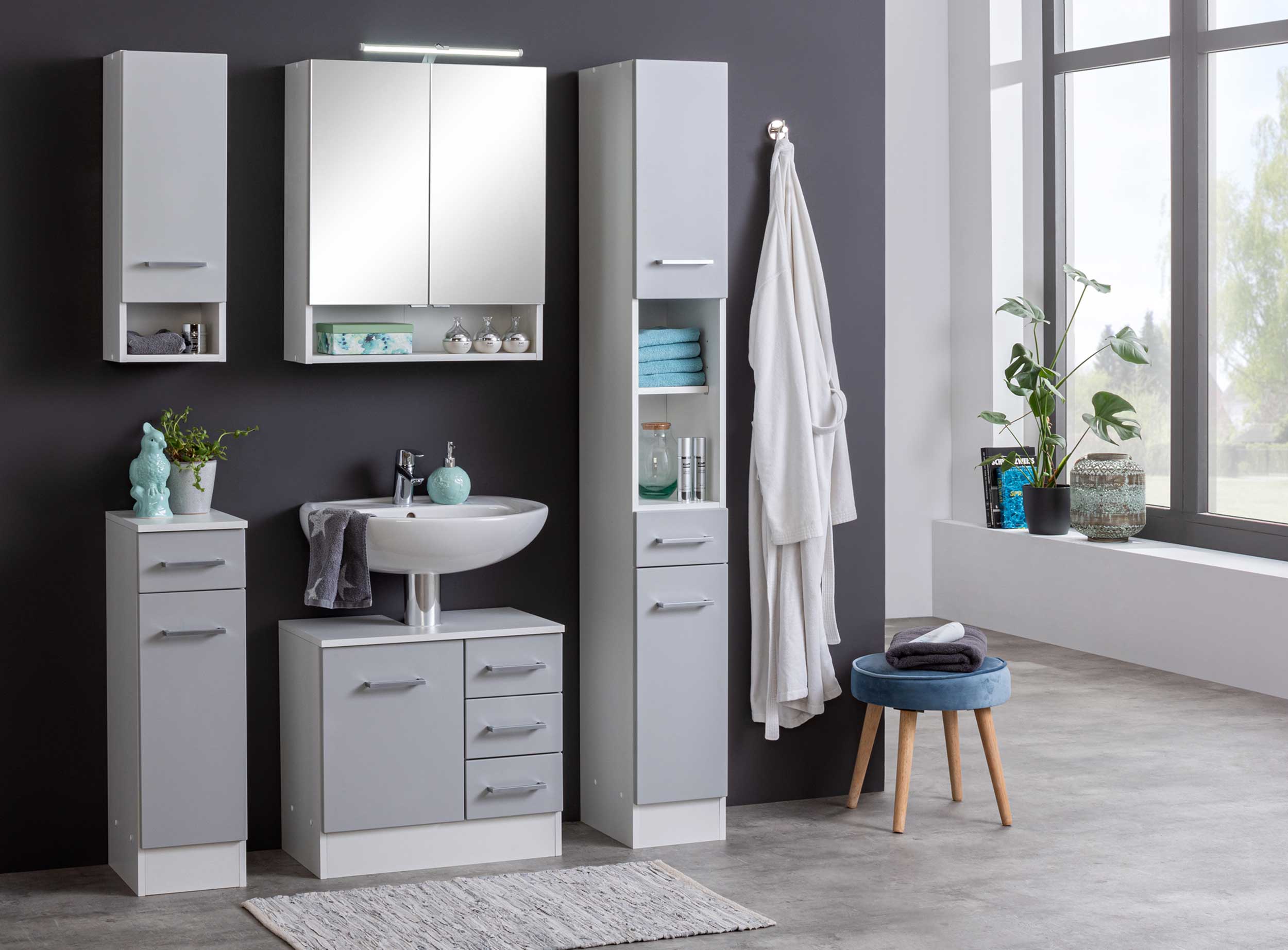 Armoire salle de bains Ricca 25cm 1 porte & 1 tiroir - blanc/gris clair - Image 10