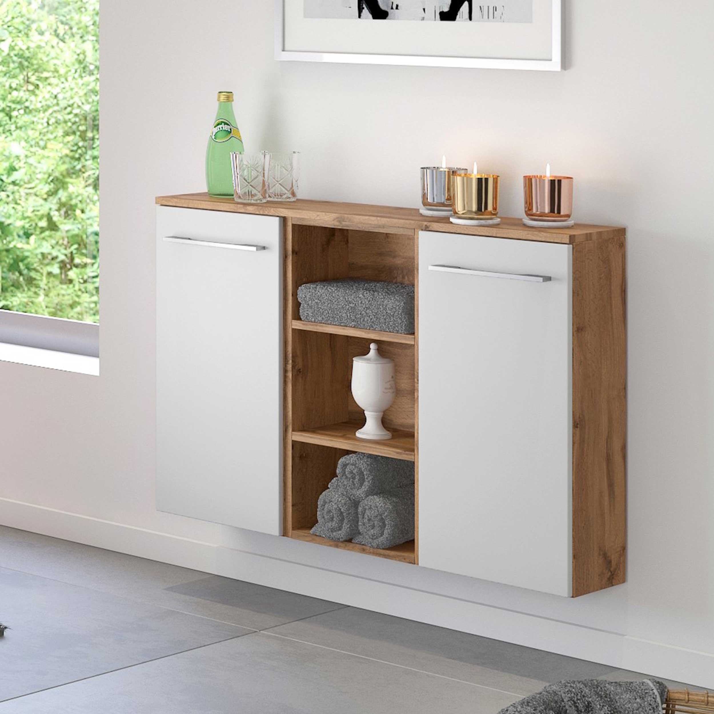 Armoire salle de bains Sefa 90cm 2 portes - chêne/blanc - Image 1