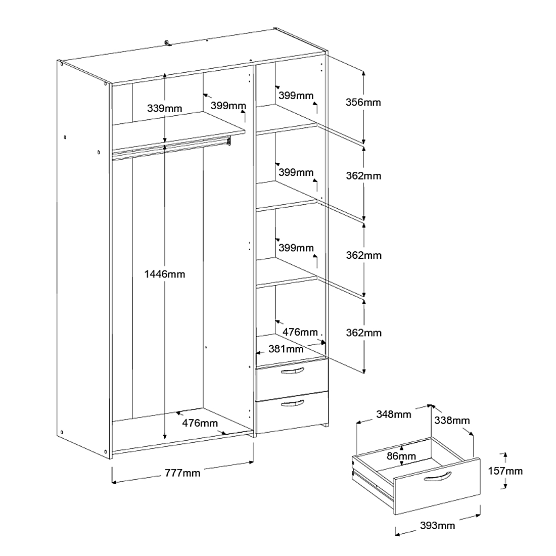 Armoire Salvador 3 portes & 2 tiroirs - blanc - Image 2