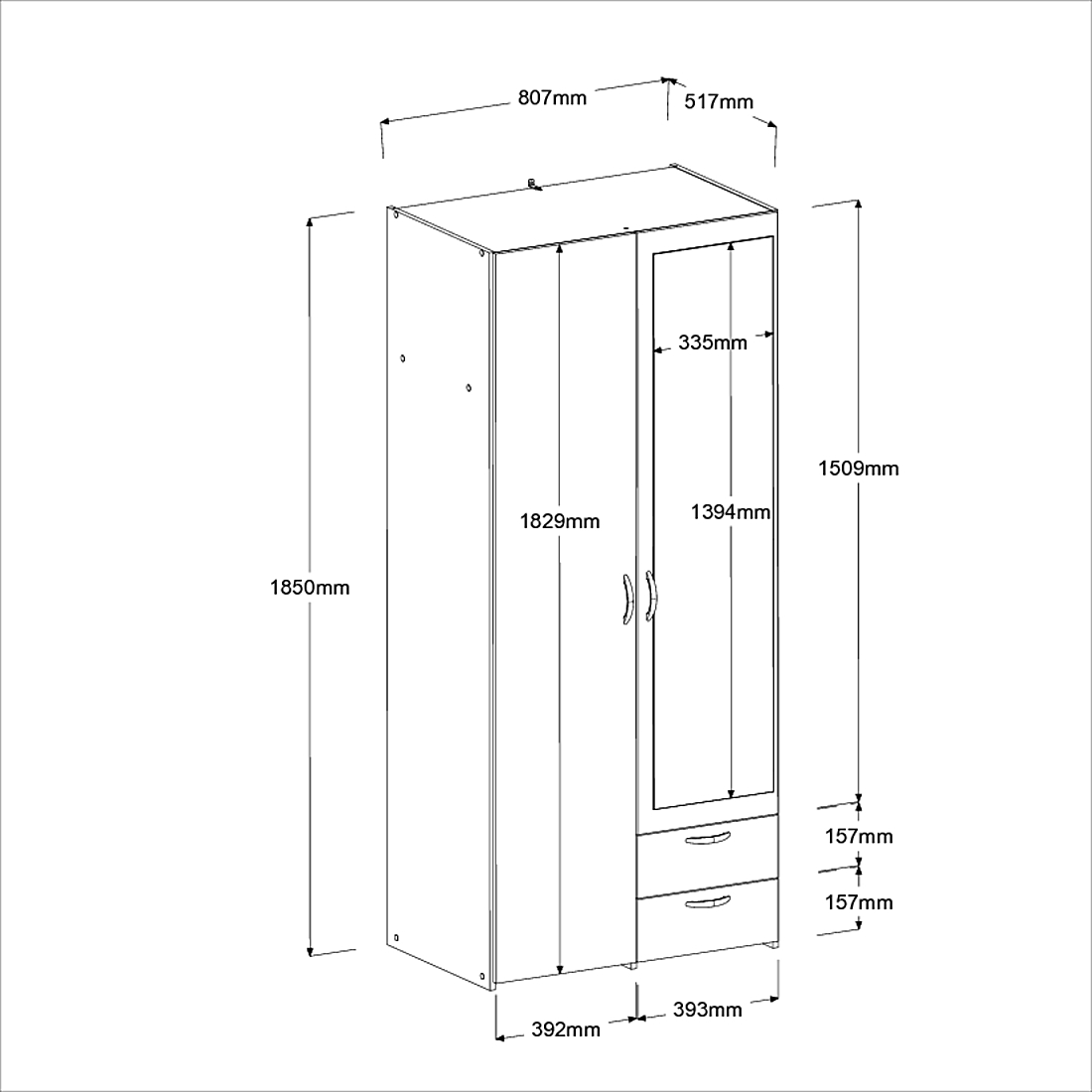 Armoire Salvador miroir, 2 portes & 2 tiroirs - blanc - Image 2