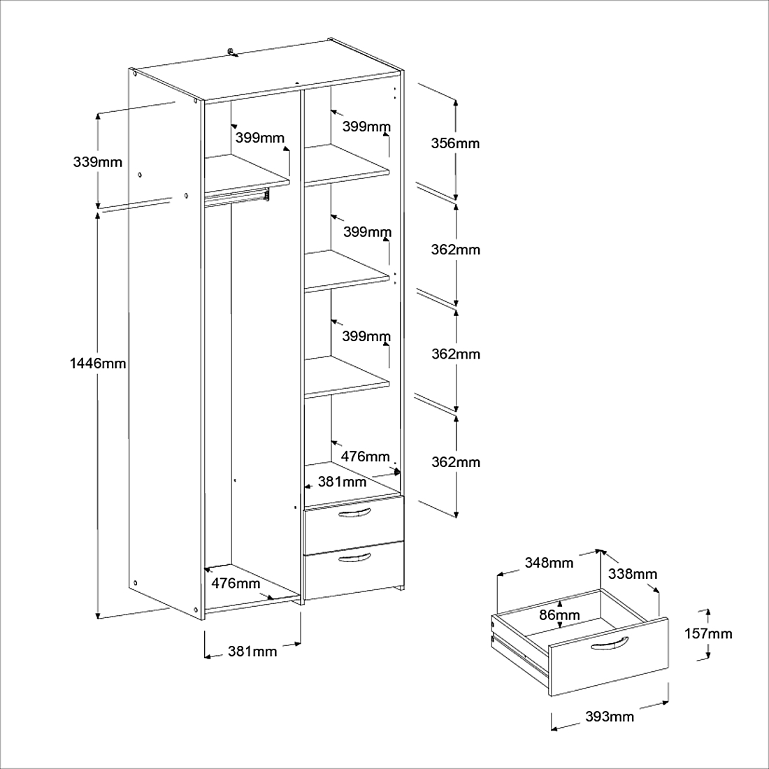 Armoire Salvador miroir, 2 portes & 2 tiroirs - blanc - Image 3