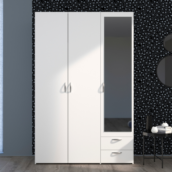 Armoire Salvador miroir, 3 portes & 2 tiroirs - blanc