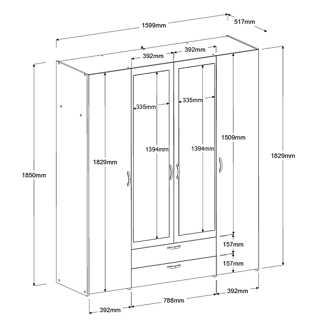 Armoire Salvador miroirs, 4 portes & 2 tiroirs - blanc - Image 2